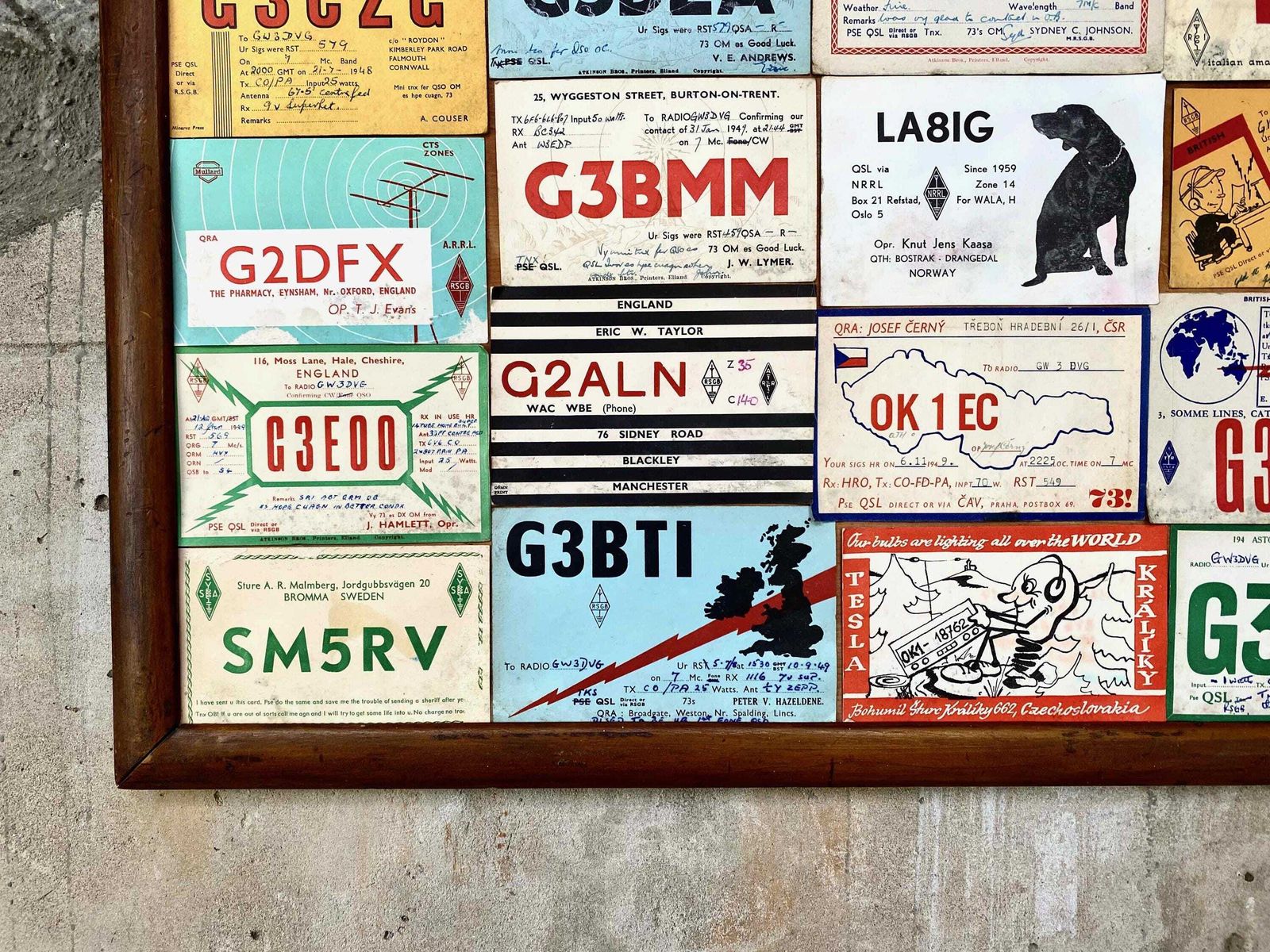 Vintage Mid Century Ham Radio Cards Qsl In Wooden Frame photo 75.0