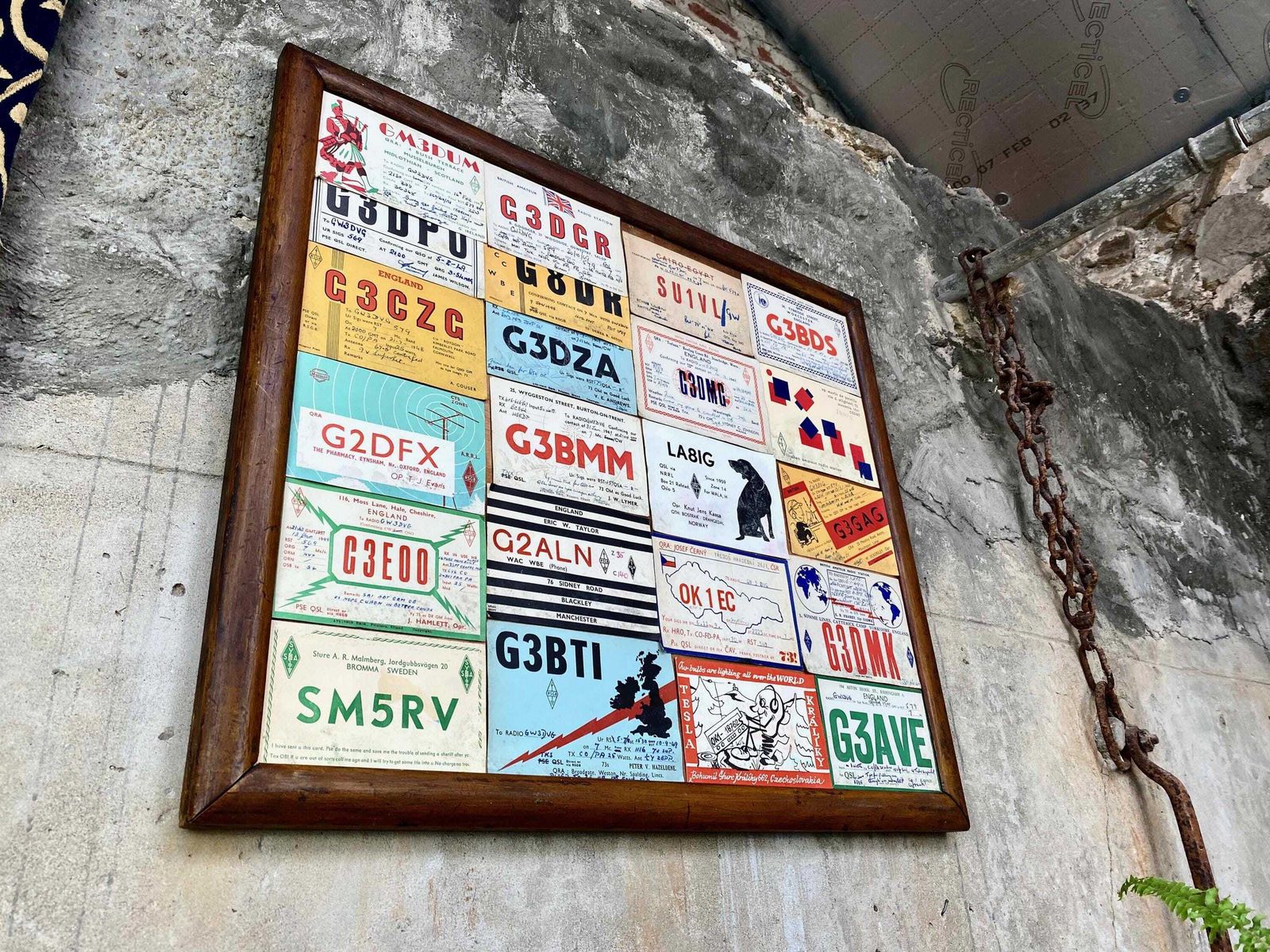 photo for sale Vintage Mid Century Ham Radio Cards Qsl In Wooden Frame