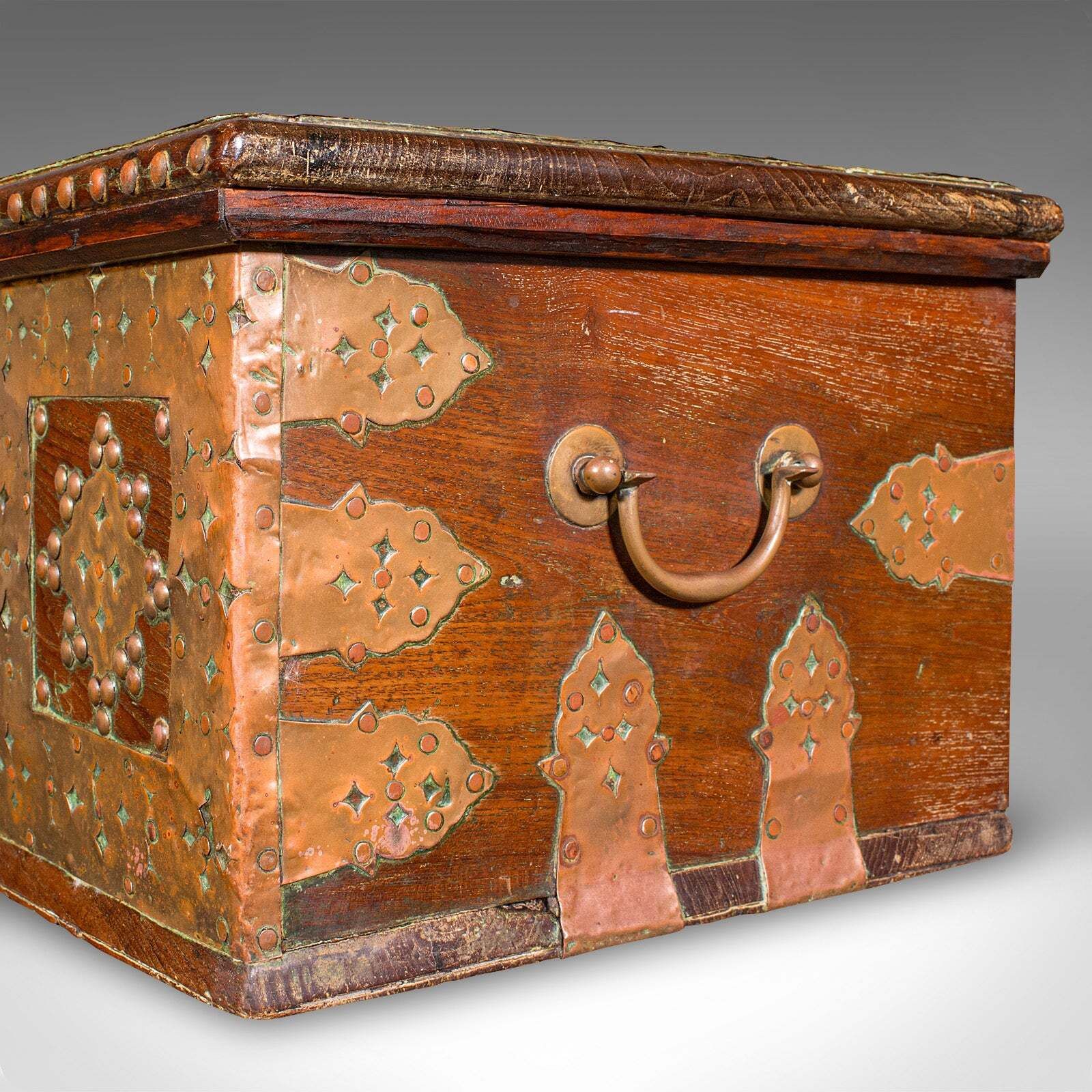 Furniture Small Antique Zanzibar Chest, East African Teak, Brass, Travel Trunk, Victorian photo