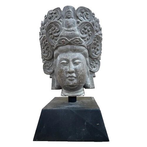 Rare Ancient Huge South Asia Carved Limestone Head Of Guanyin Bodhisatta   Tang / Song Dynasty C900 Ad