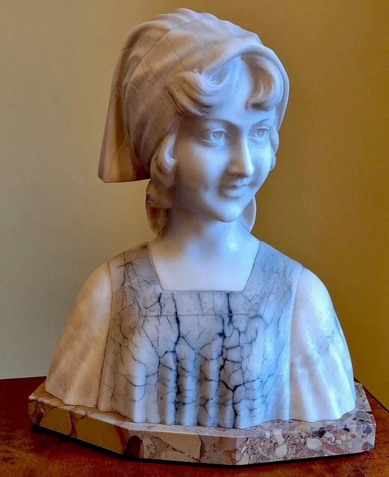 Antique Fattorini Bust Of Young Women On Marble Base Signed
