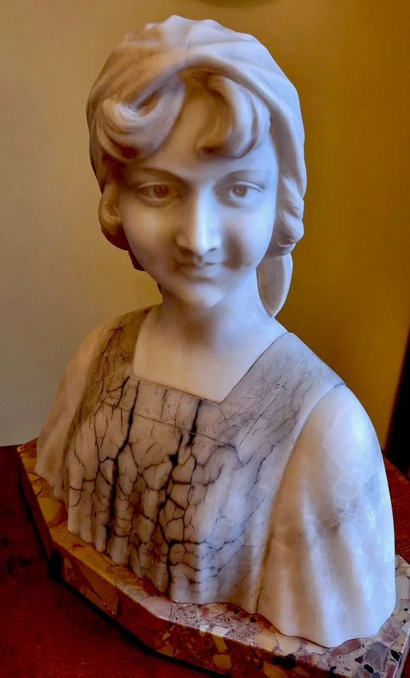 Antique Fattorini Bust Of Young Women On Marble Base Signed photo furniture