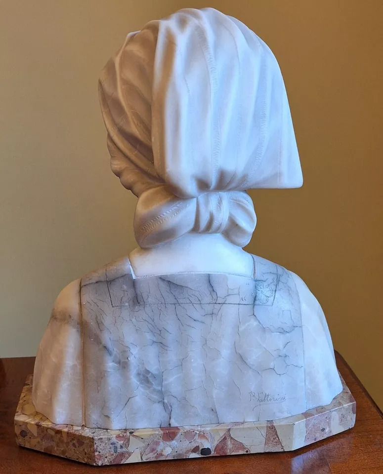 Antique Fattorini Bust Of Young Women On Marble Base Signed photo Art