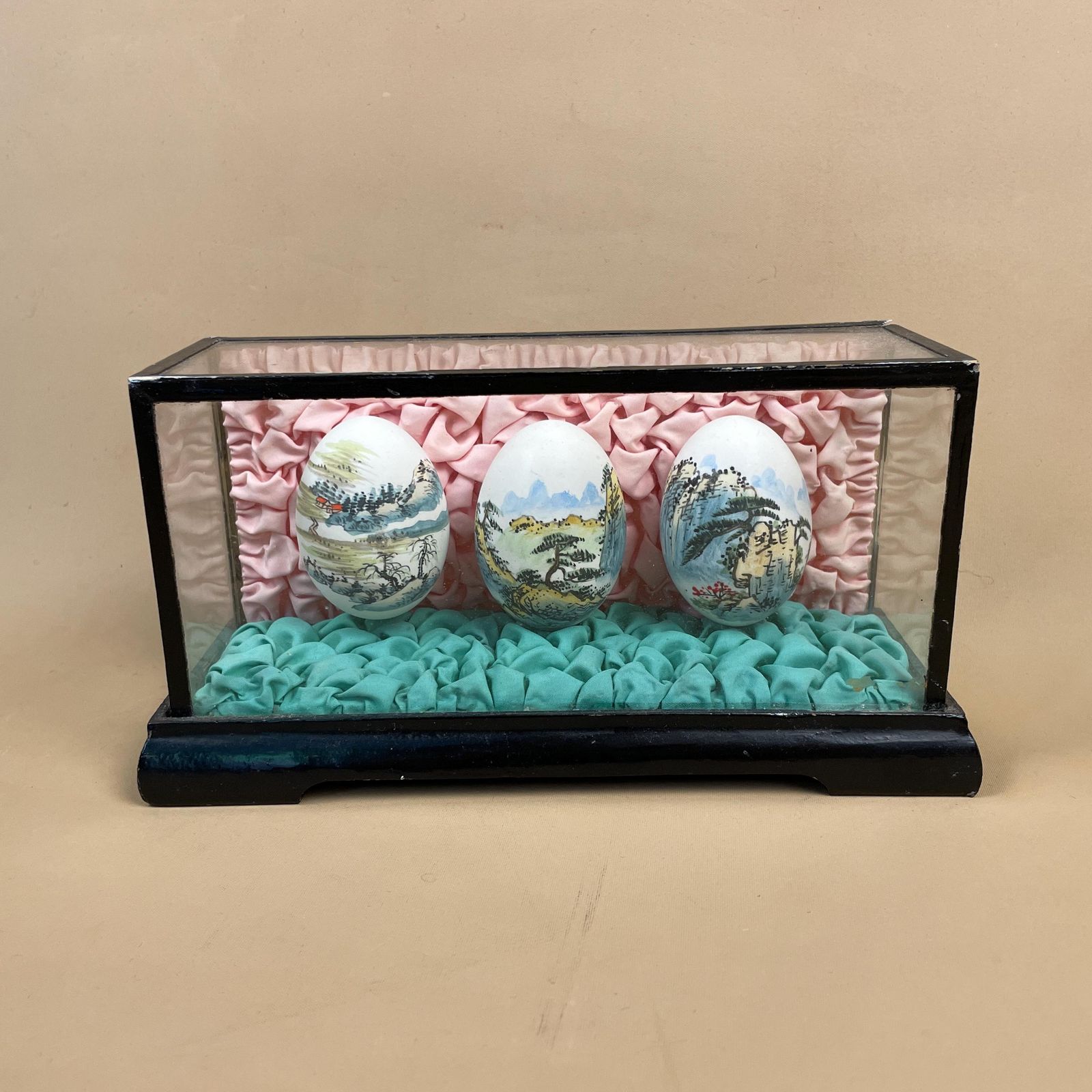 Trio Of Oriental Chinese Hand Painted Eggs Glazed Display Case Hand Decorated Small 3x Three Blue Blue Decoration 20th Century photo for sale