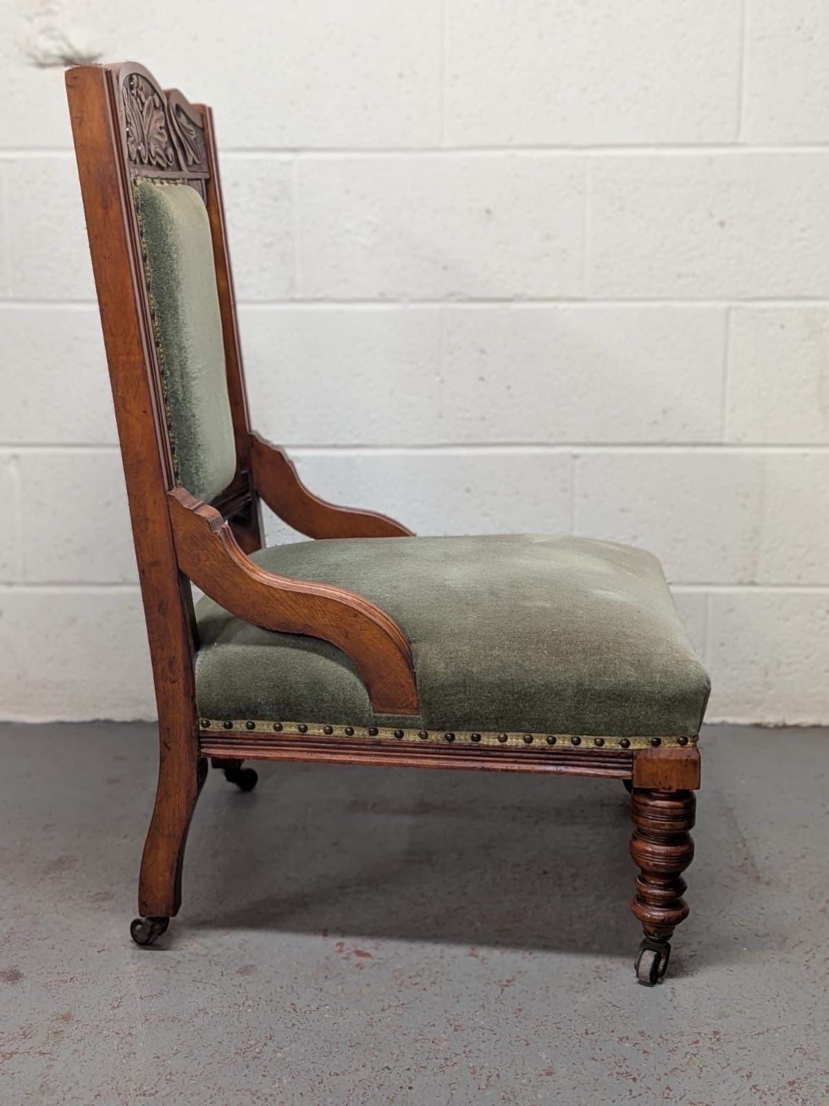 Edwardian Satin Walnut Green Upholstered Large Fireside/Nursing Chair photo Furniture