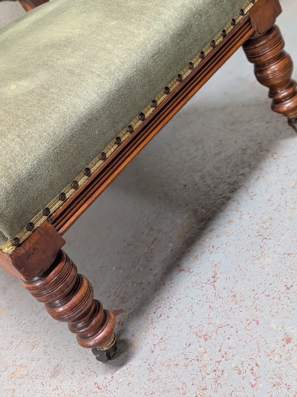 Edwardian Satin Walnut Green Upholstered Large Fireside/Nursing Chair photo vinterior