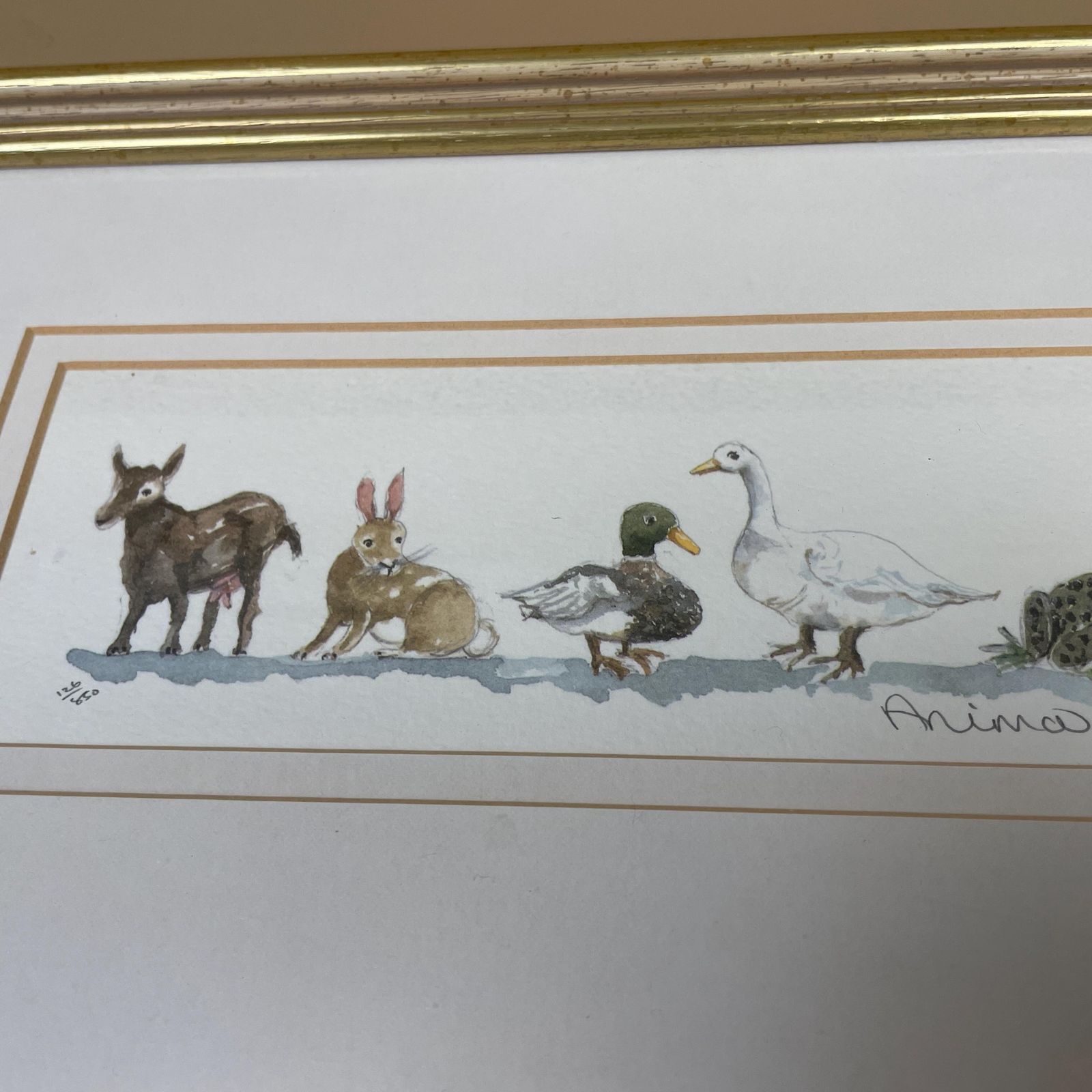 Animal Farm Artwork Watercolour Painting Original Art Gold Wood Frame Landscape Mounted Childrens Room Farm Picture Farm Animals photo 89.0