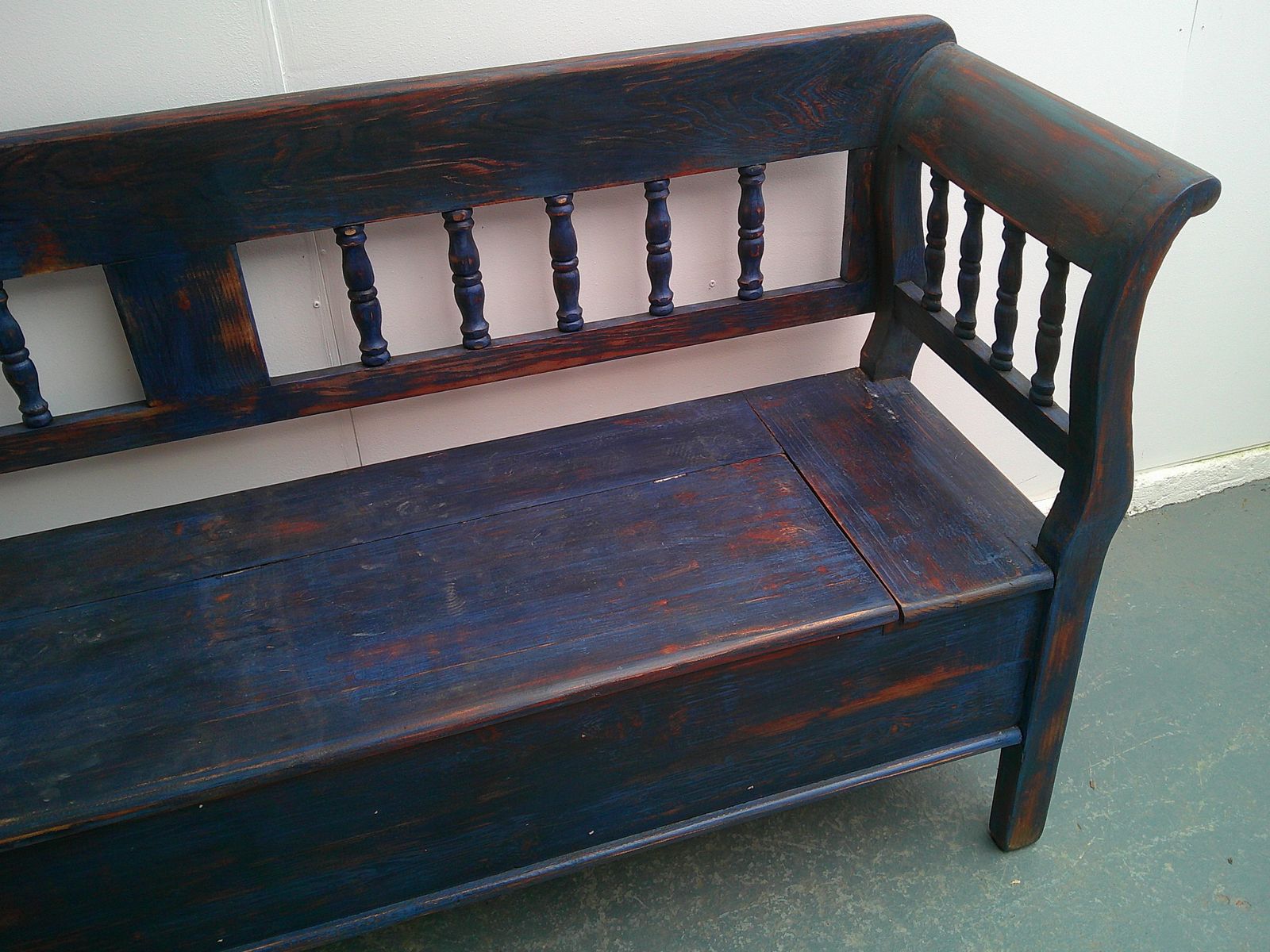 A Cracking Painted Royal Blue & Red Antique Pine 3 Seater Box Settle photo Furniture