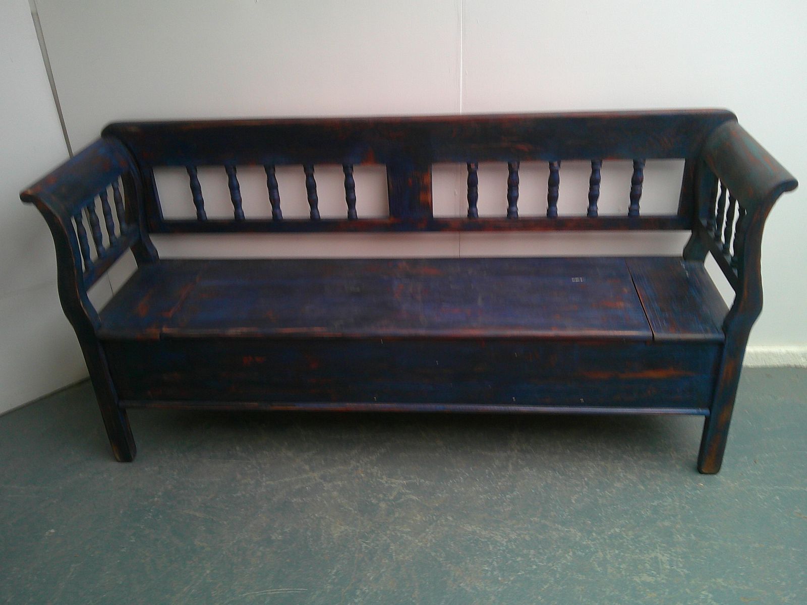A Cracking Painted Royal Blue & Red Antique Pine 3 Seater Box Settle photo buy