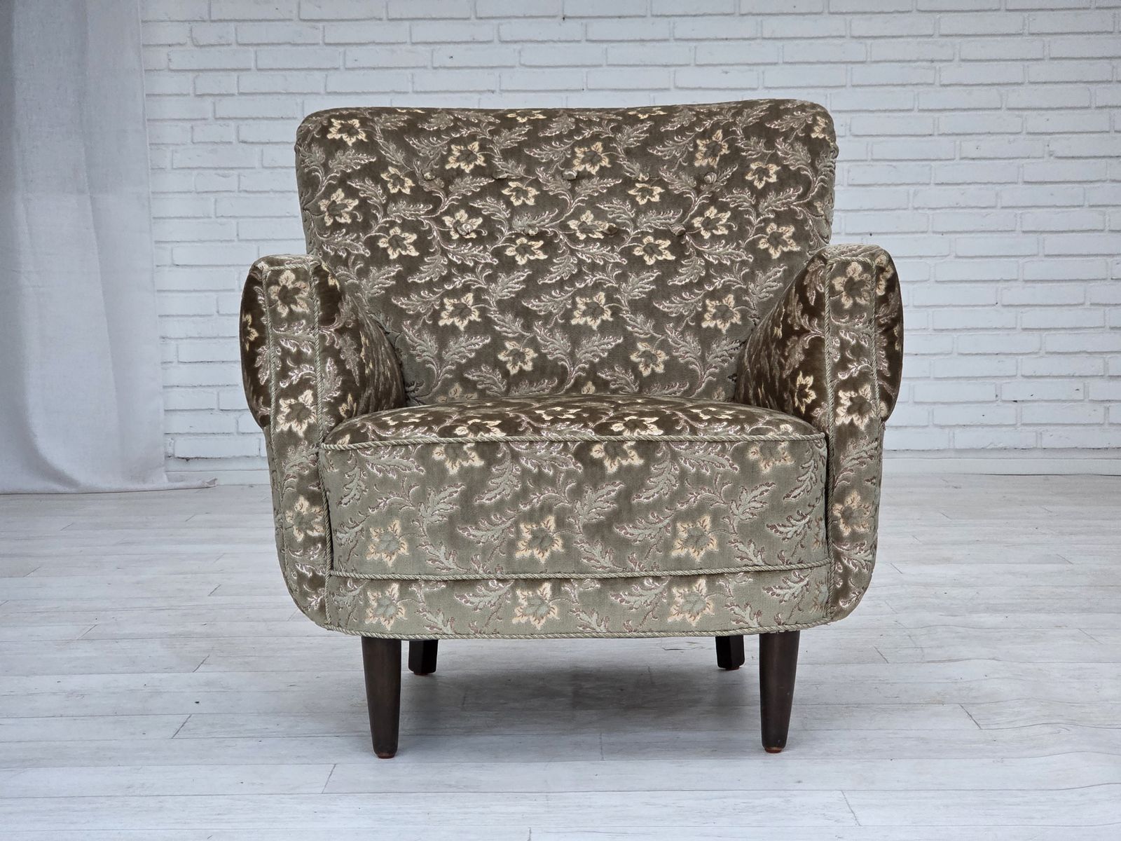 1960s, Danish Armchair, Light Green Furniture Velour, Teak Wood Legs. photo vinterior