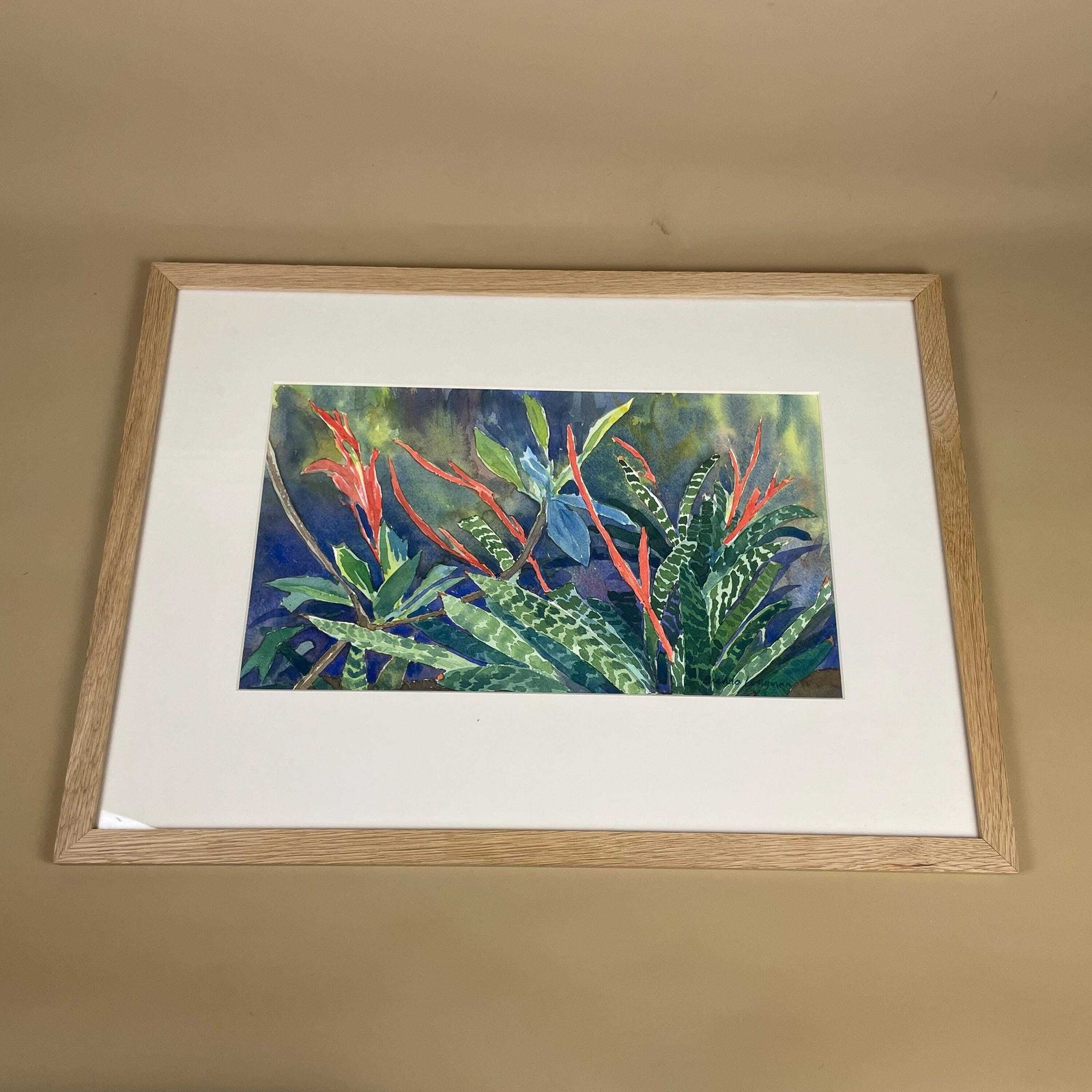 Watercolour Tropical Floral Painting Picture Flowers Wood Frame Brenda Longman White Mount Painted Green Art Original Rectangle Wall Hanging