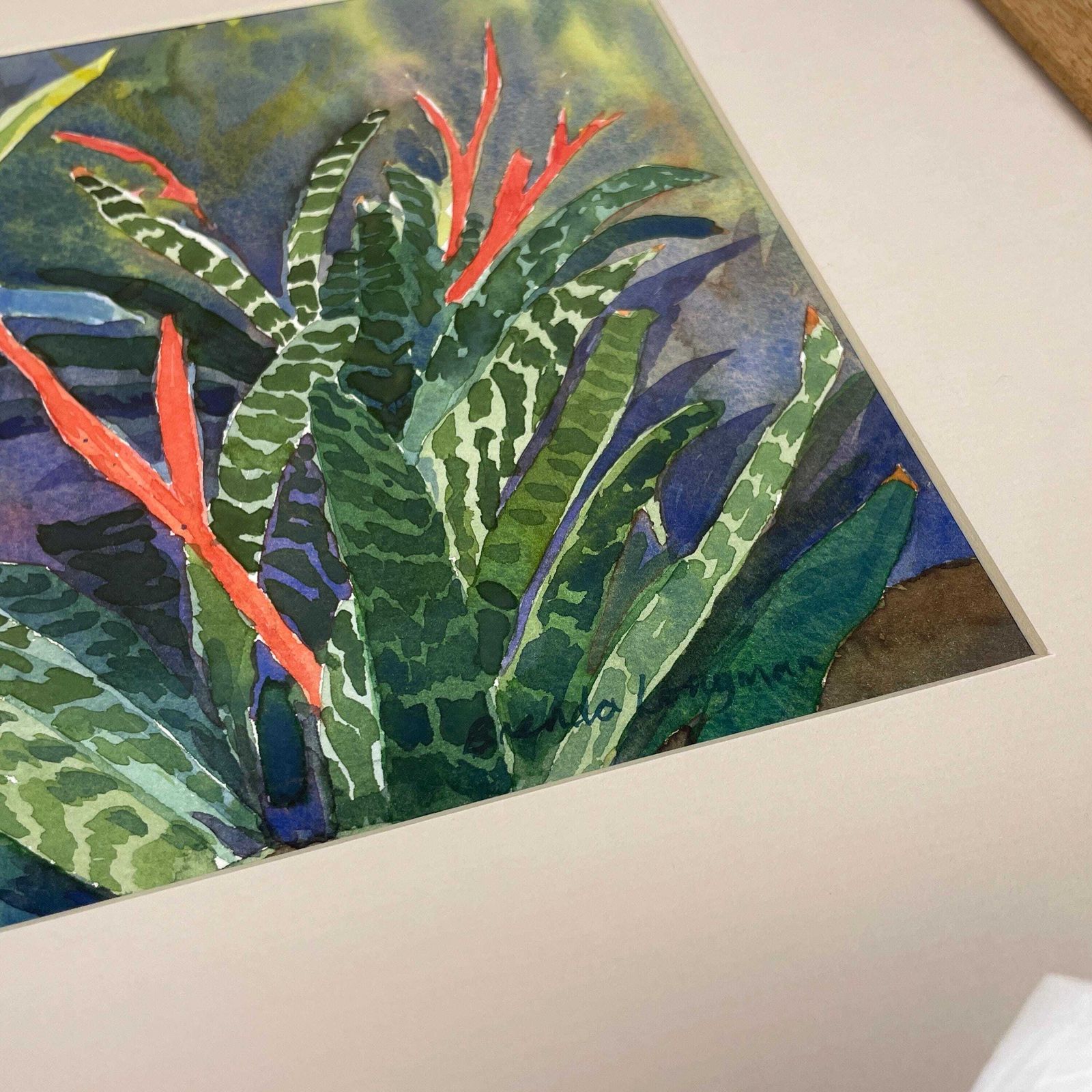 Watercolour Tropical Floral Painting Picture Flowers Wood Frame Brenda Longman White Mount Painted Green Art Original Rectangle Wall Hanging photo Art