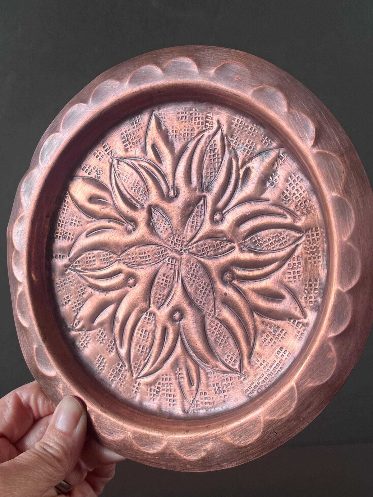 Arts And Craft Decorative Copper Charger.Antique Chased Copper Tray.Boho Home Decor.Farmhouse Decor.Copperware.Decorative Copperware. photo for sale