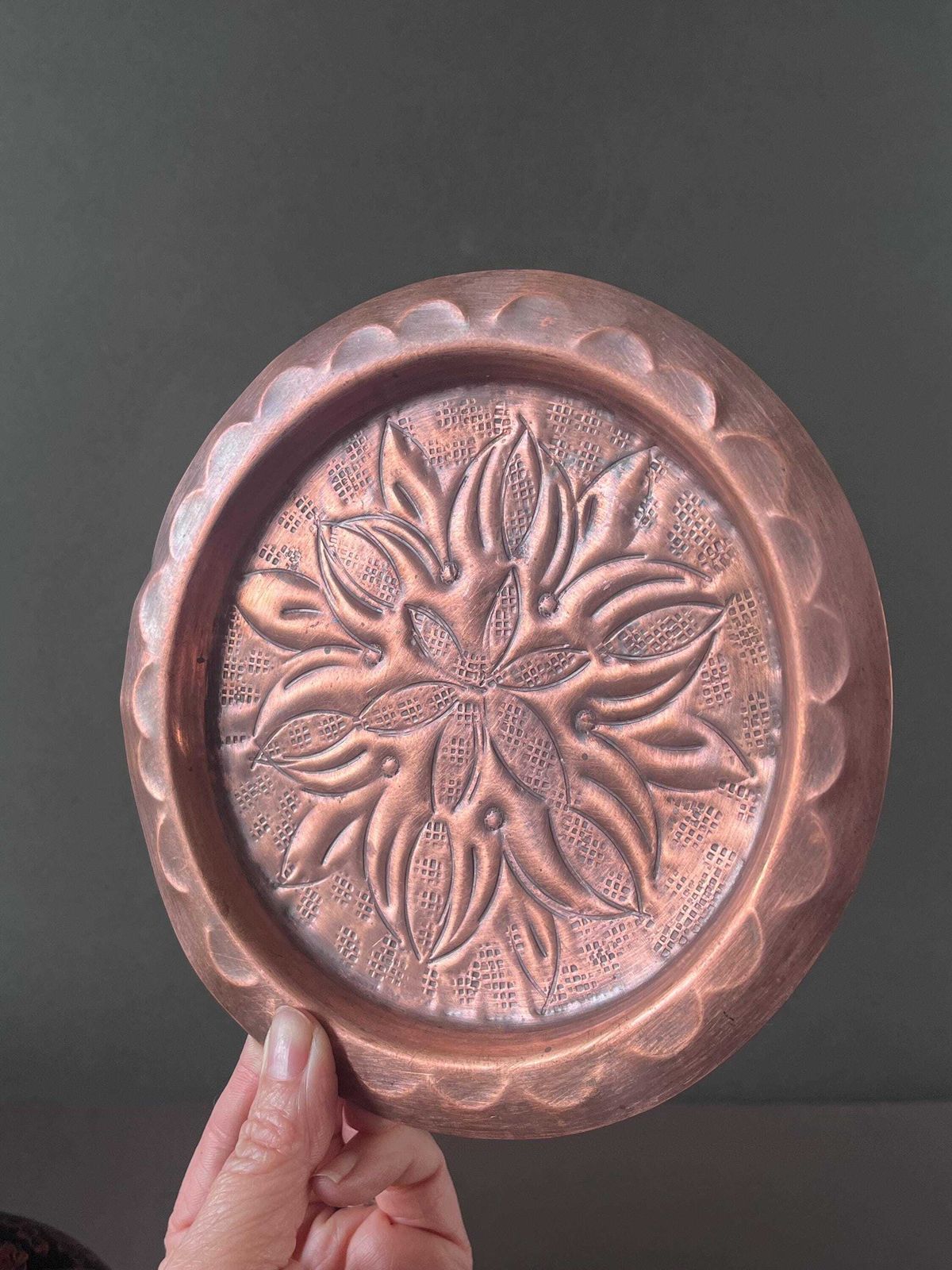 Arts And Craft Decorative Copper Charger.Antique Chased Copper Tray.Boho Home Decor.Farmhouse Decor.Copperware.Decorative Copperware. photo vintage