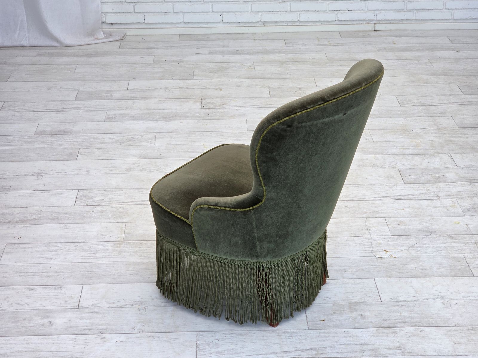 1970s, Danish Side Chair, Green Furniture Velour, Beech Wood Legs. photo vinterior