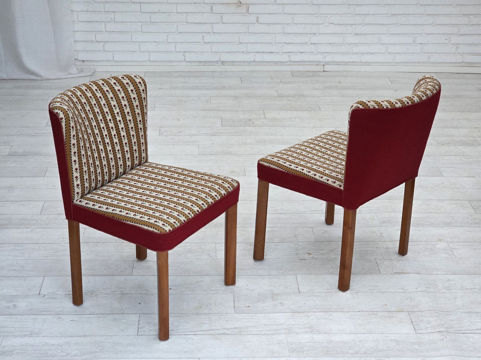 photo vinterior 1960s, Set Of 2 Danish Easy Chairs, Traditional Danish Woven Wool Fabric, Ash Wood Legs.