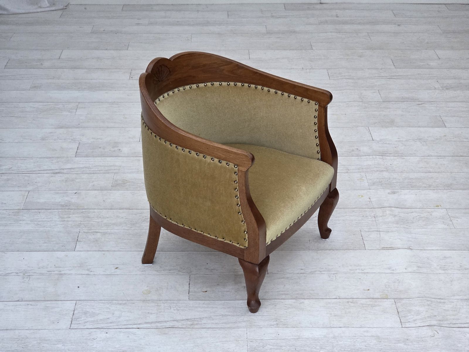 1960s, Danish Side/Children's Armchair, Light Green Furniture Velour, Oak Wood. photo furniture