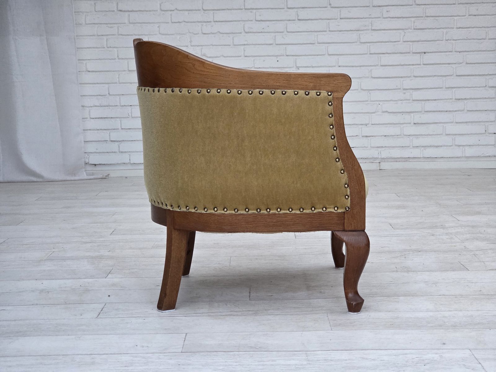 photo furniture 1960s, Danish Side/Children's Armchair, Light Green Furniture Velour, Oak Wood.