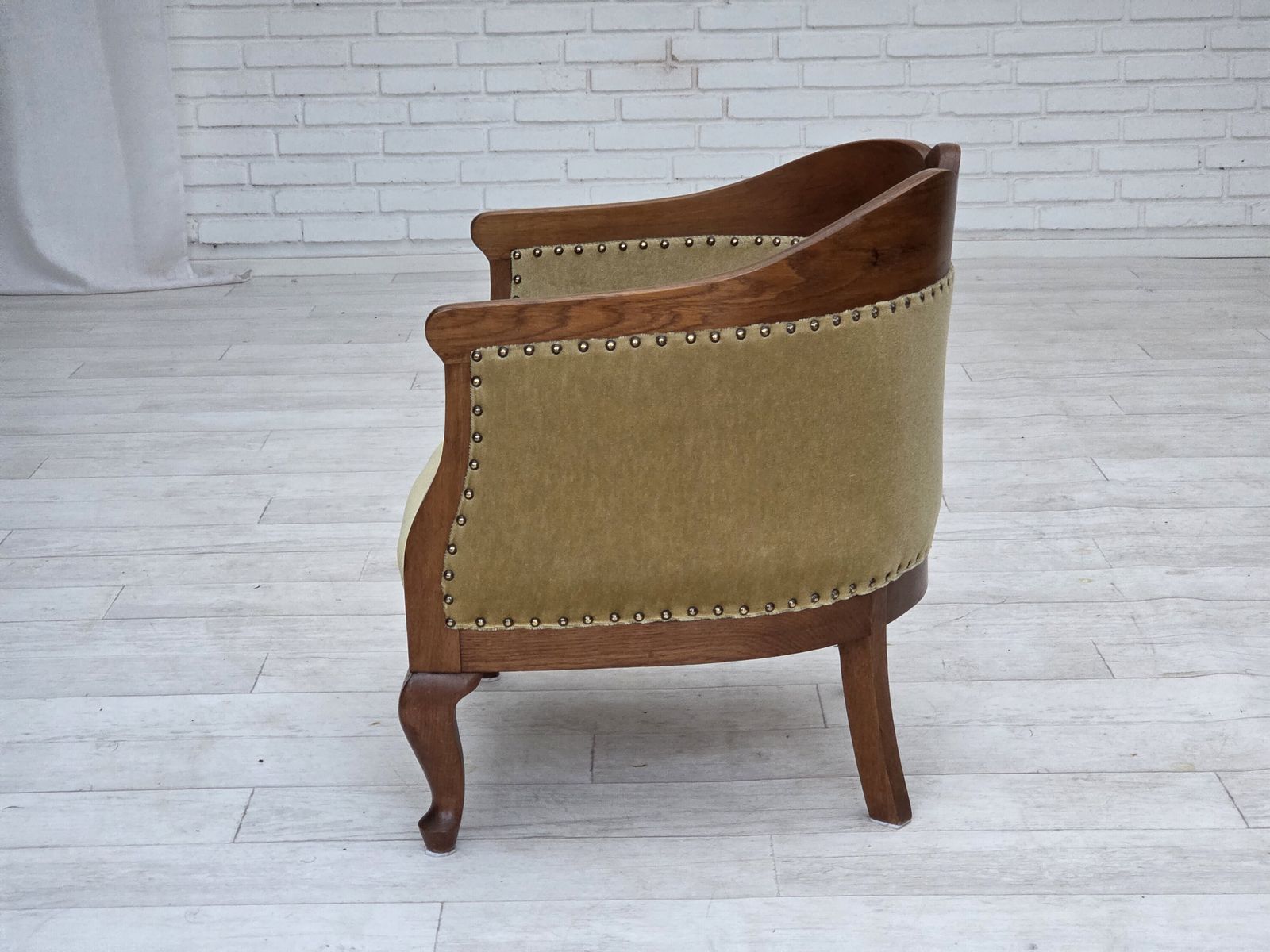 photo vinterior 1960s, Danish Side/Children's Armchair, Light Green Furniture Velour, Oak Wood.