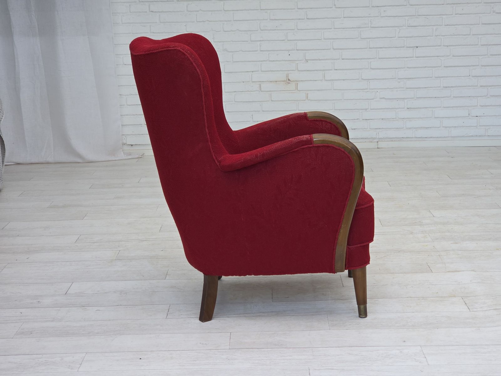 1960s, Danish Armchair, Original Condition, Wool Fabric, Beech Wood Legs. photo buy