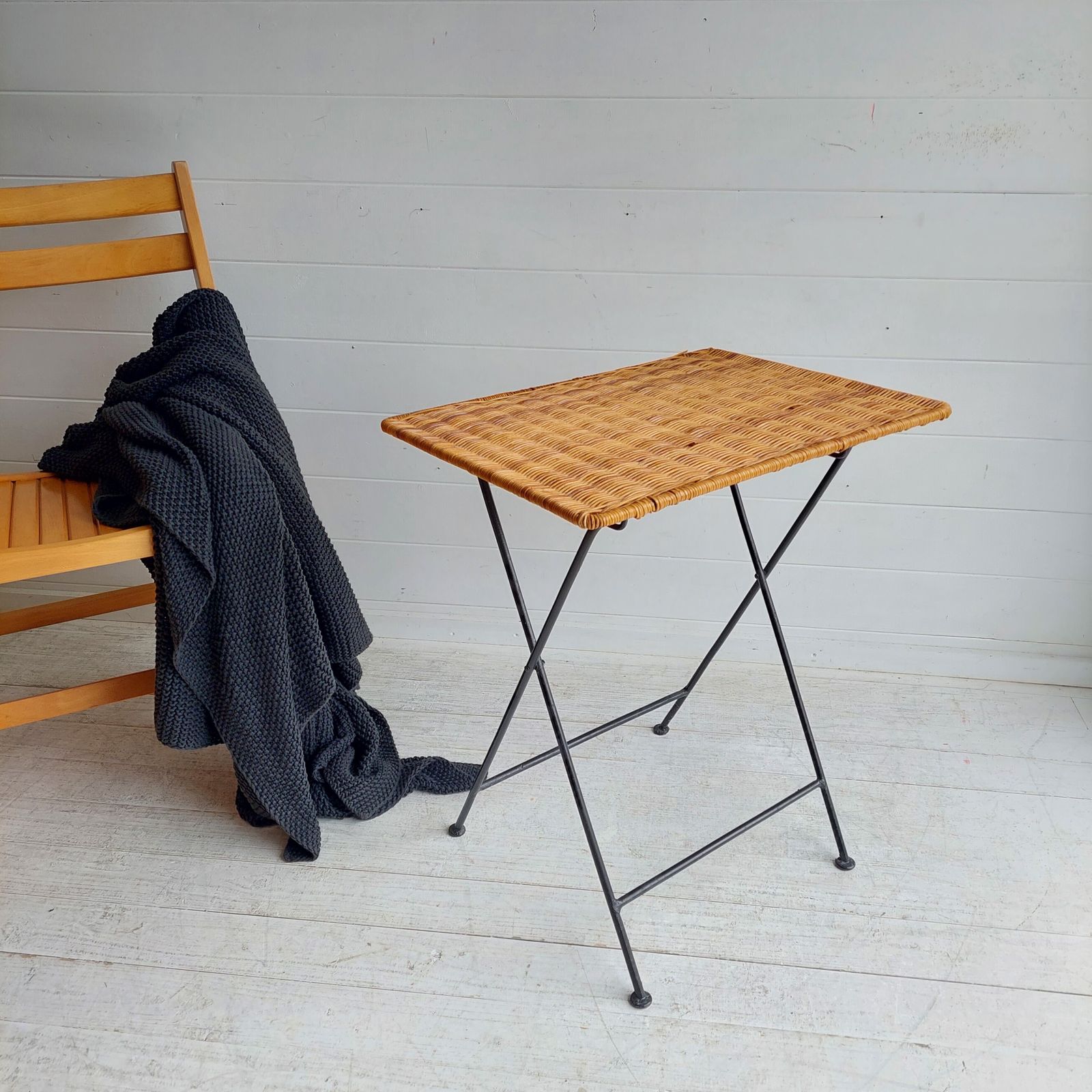 photo for sale Mid Century Vintage Metal Iron And Wicker Rattan Folding Side  End  Bistro Table France  50s
