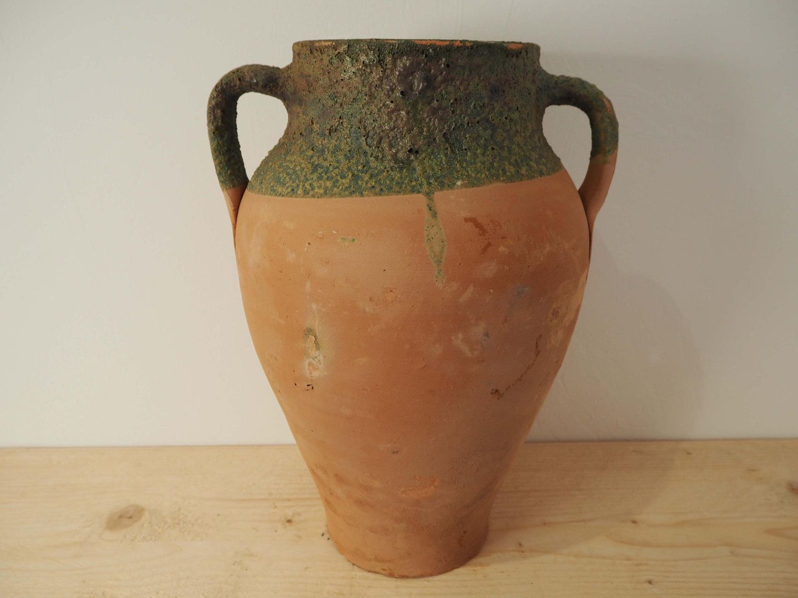 Vintage Antique Terracotta Turkish Green Glazed Handle Pot / Olive Jar / Green Glazed Rim photo furniture