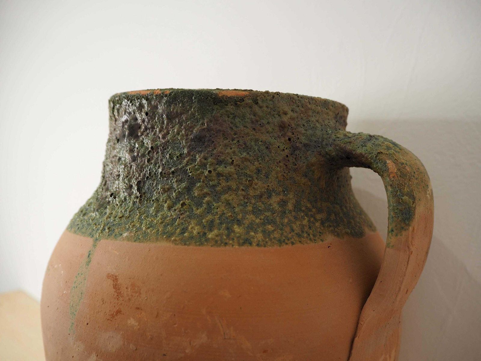 Vintage Antique Terracotta Turkish Green Glazed Handle Pot / Olive Jar / Green Glazed Rim photo for sale