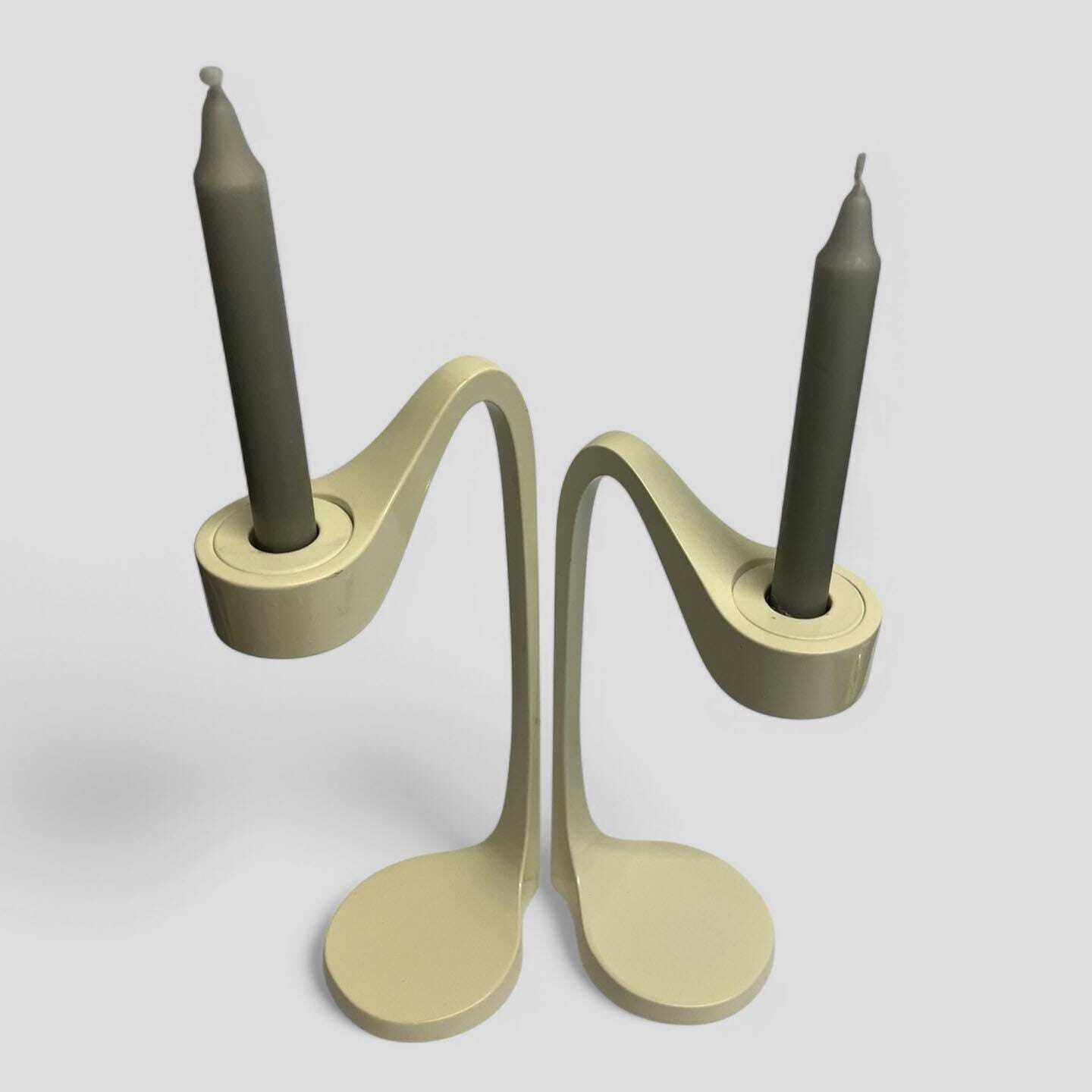 Pair Of Vintage 90s Ikea Jatteviktig Candlesticks In White Metal Designed By Monika Mulder