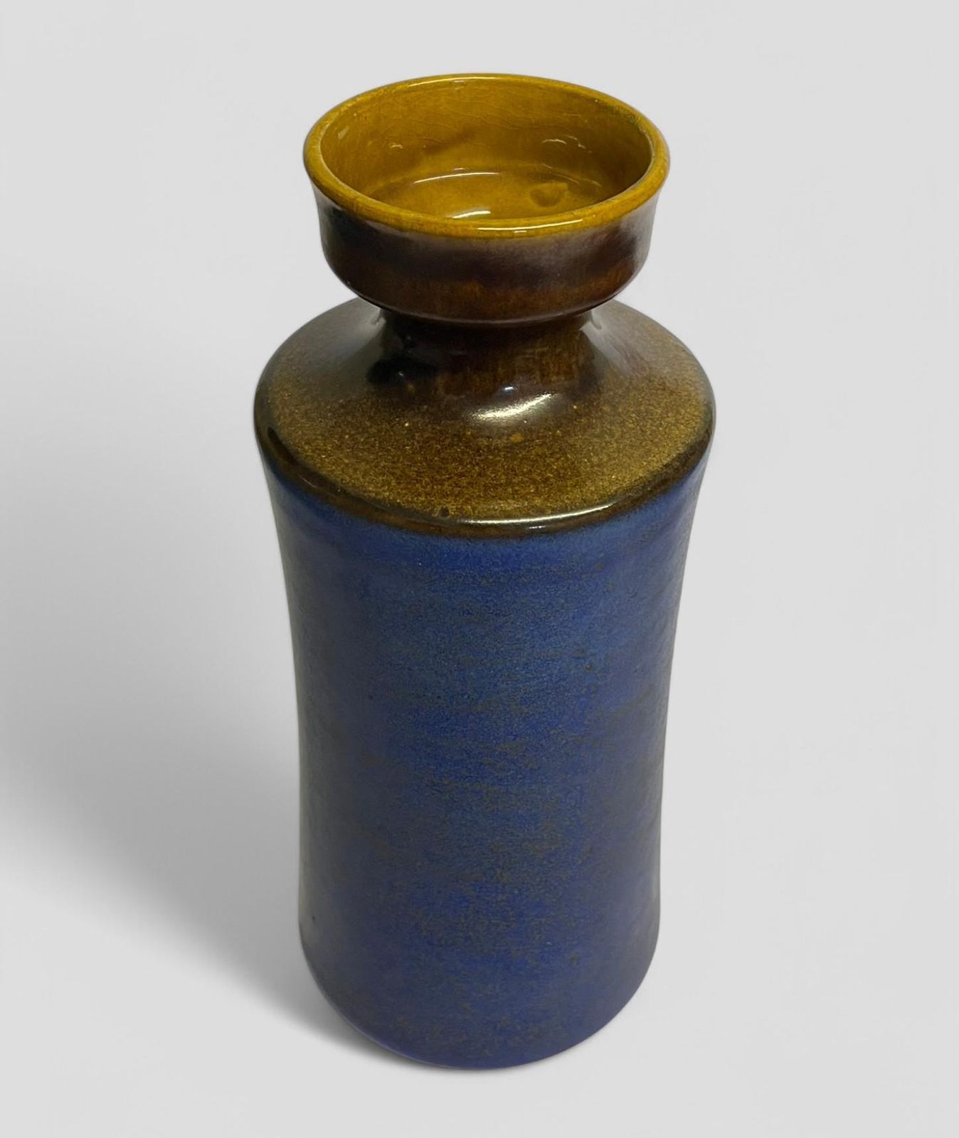 Large Mid Century Bay Keramik Blue & Mustard Glazed Ceramic Fat Lava West German Pottery Vase photo for sale
