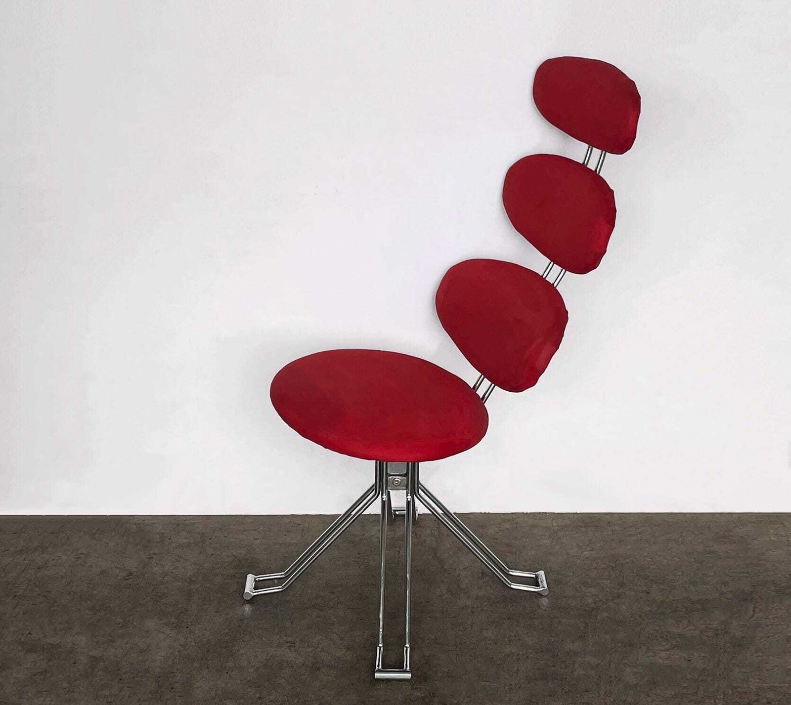 Mid Century Paul Volther Style Chrome And Red Fabric Swivel Chair / Lounge Chair