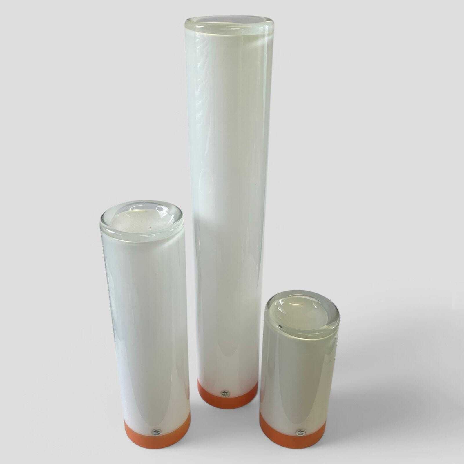 Rare Set Of Three Mid Century White And Orange Glass Cylindrical Vases By Ekenas Sweden