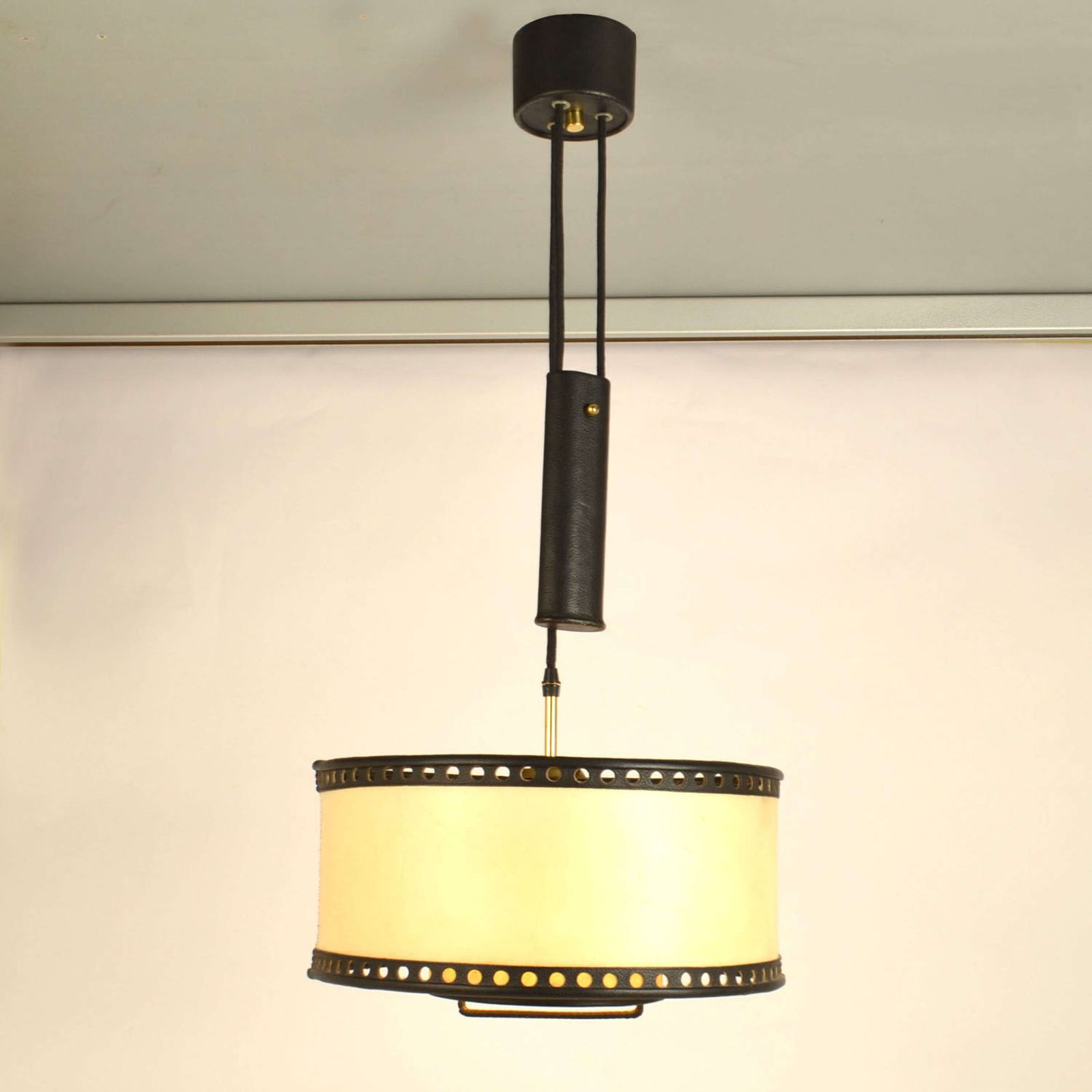Counterbalance Pendant Lamp 1960's In Parchment And Black Leather photo buy