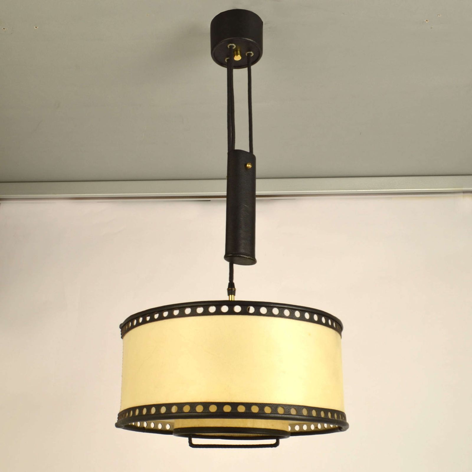 Counterbalance Pendant Lamp 1960's In Parchment And Black Leather photo vintage