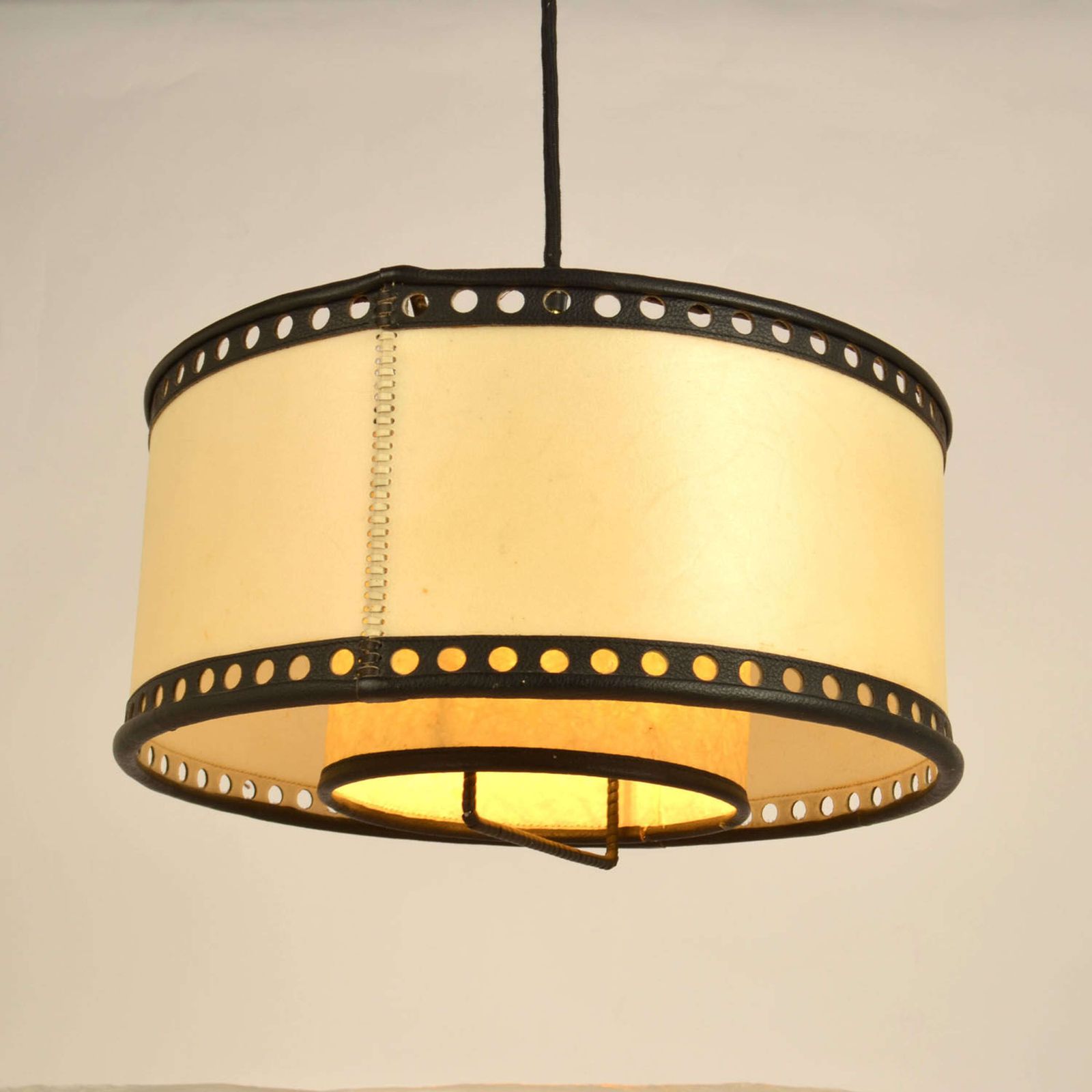 photo for sale Counterbalance Pendant Lamp 1960's In Parchment And Black Leather