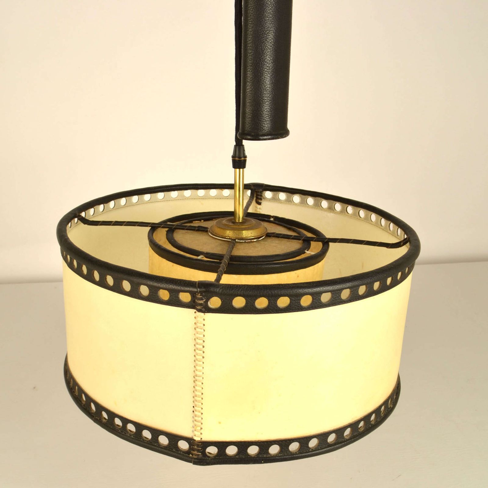 750.0 Counterbalance Pendant Lamp 1960's In Parchment And Black Leather photo