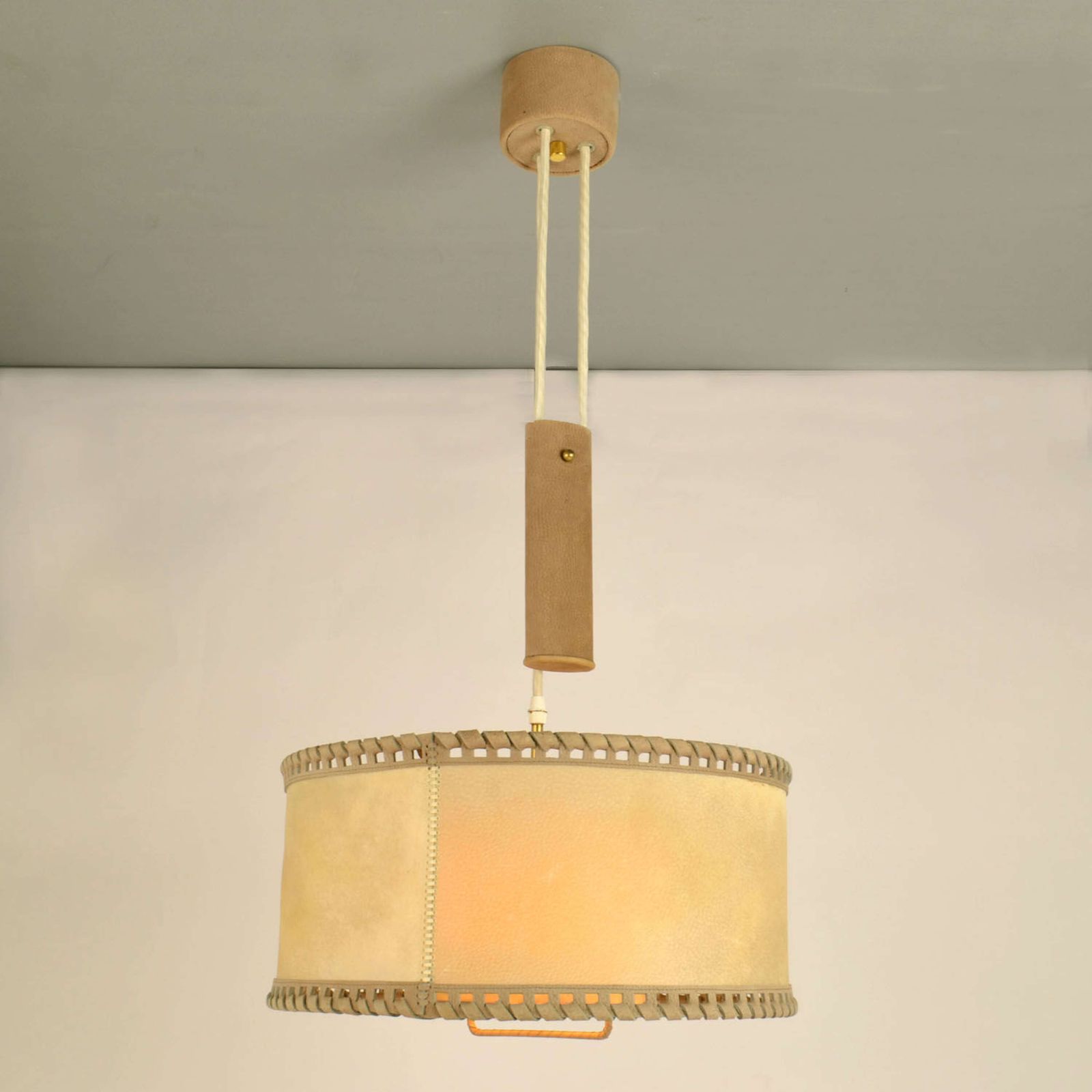Counterbalance Pendant Lamp 1960's In Parchment And Beige Leather photo Lighting