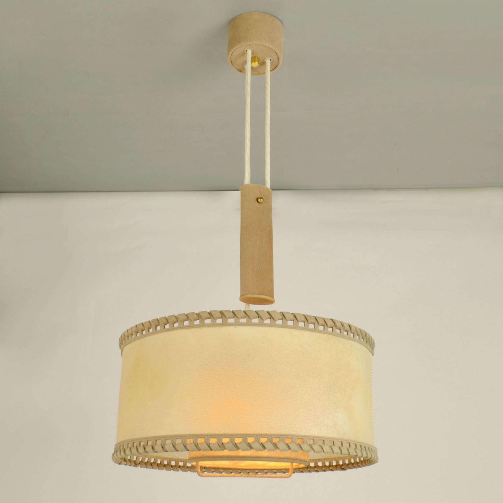 Counterbalance Pendant Lamp 1960's In Parchment And Beige Leather photo 1750.0