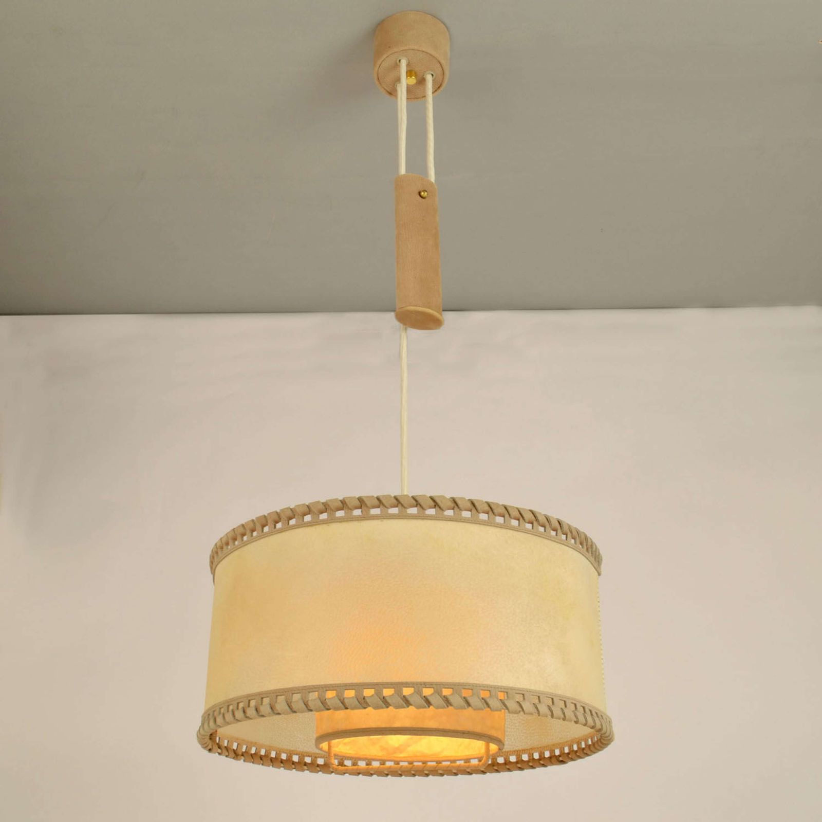 Counterbalance Pendant Lamp 1960's In Parchment And Beige Leather photo vinterior