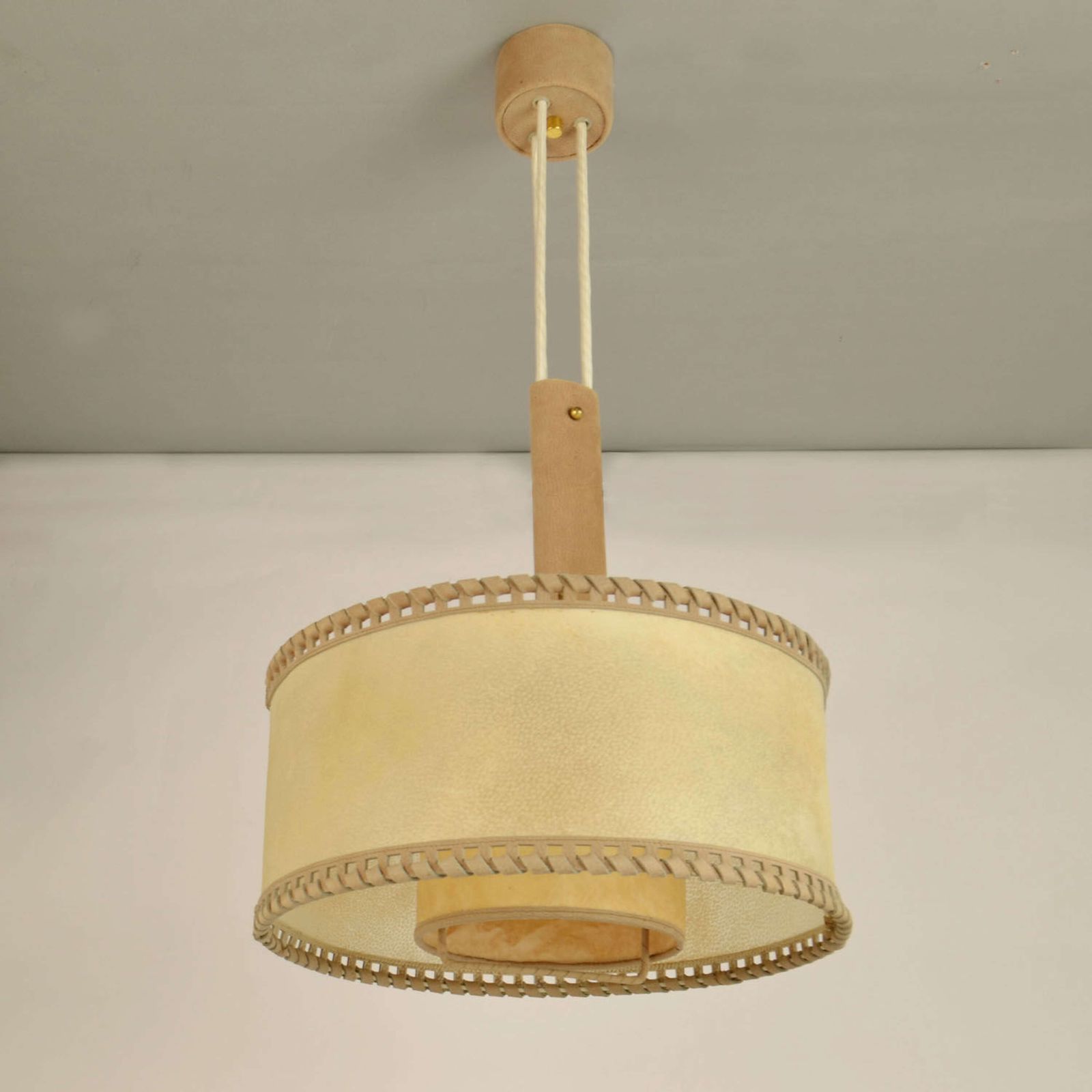 Lighting Counterbalance Pendant Lamp 1960's In Parchment And Beige Leather photo