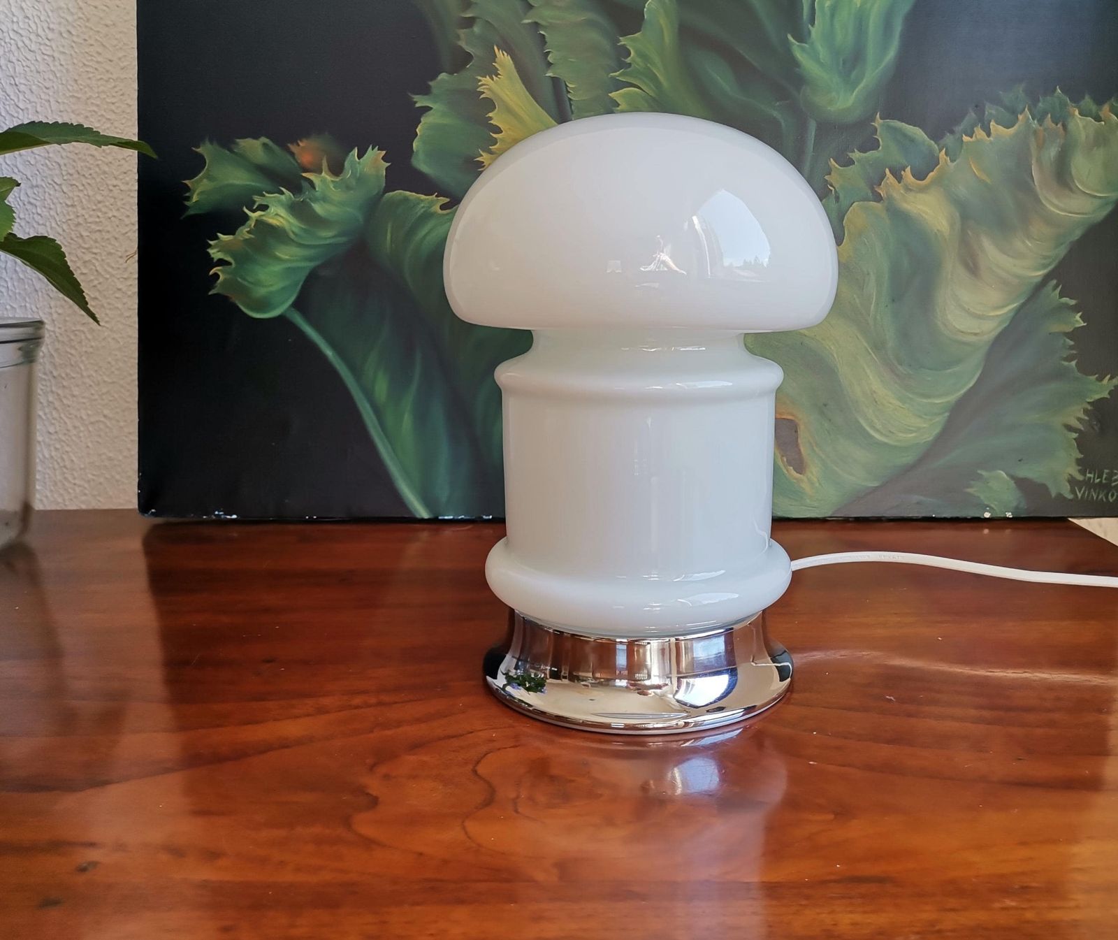 Opaline Glass Space Age Bedside Lamp / Mushroom Table Lamp / 60s 70s Yugoslavia photo for sale