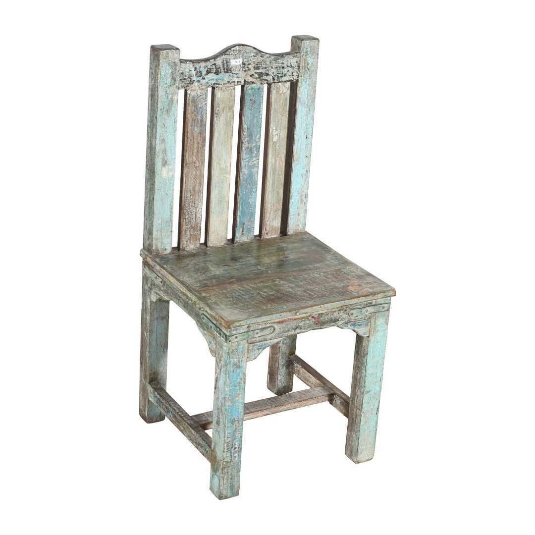 Antique Distressed Blue & Natural Teak Indian Hall Or Dining Chair – Vintage C.1890