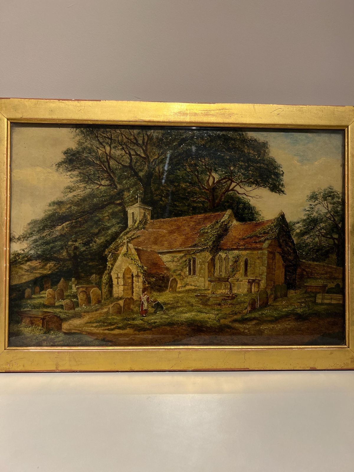Antique 1800s Oil Painting By M. Wilson – Countryside Church Scene On Canvas photo for sale