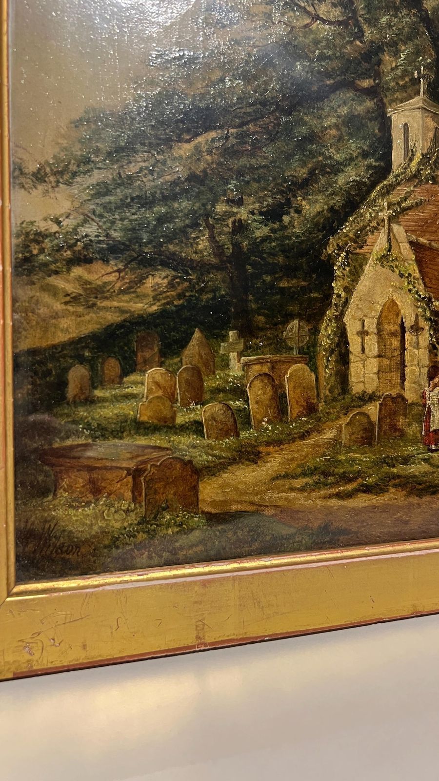Antique 1800s Oil Painting By M. Wilson – Countryside Church Scene On Canvas photo Art