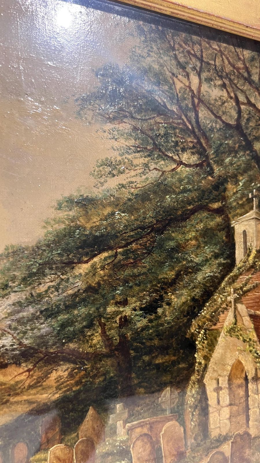 Antique 1800s Oil Painting By M. Wilson – Countryside Church Scene On Canvas photo vinterior