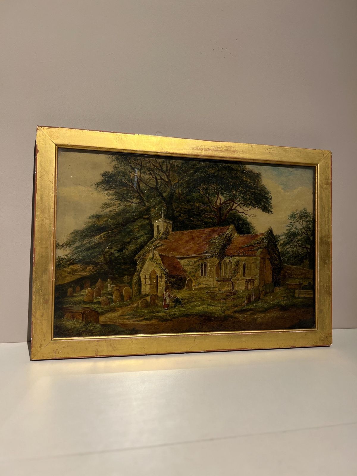 photo for sale Antique 1800s Oil Painting By M. Wilson – Countryside Church Scene On Canvas