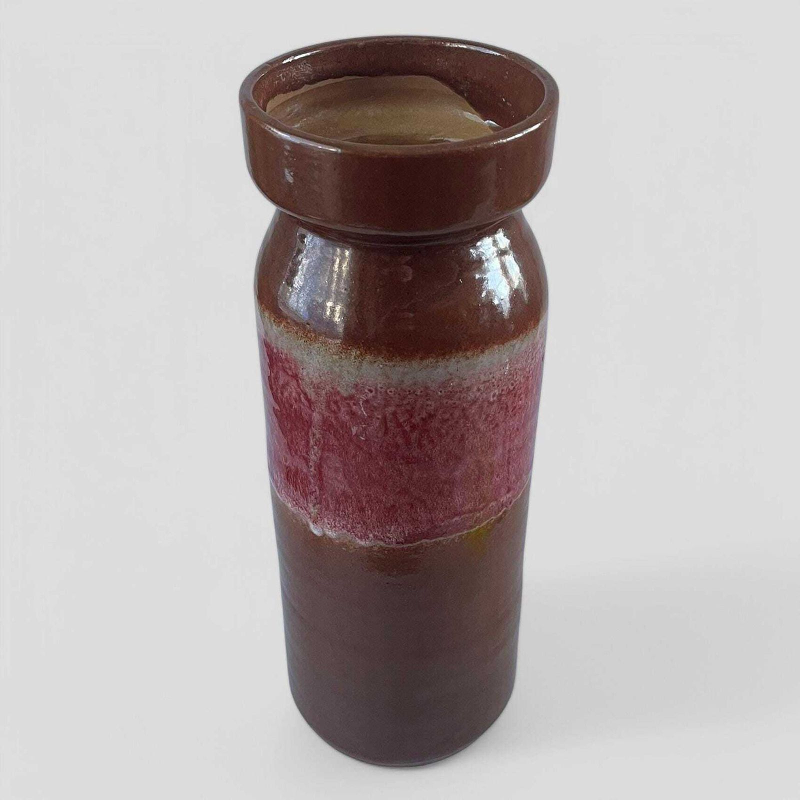 Large Mid Century Scheurich Brown & Pink Glazed Ceramic Fat Lava West Germany Pottery Vase photo for sale