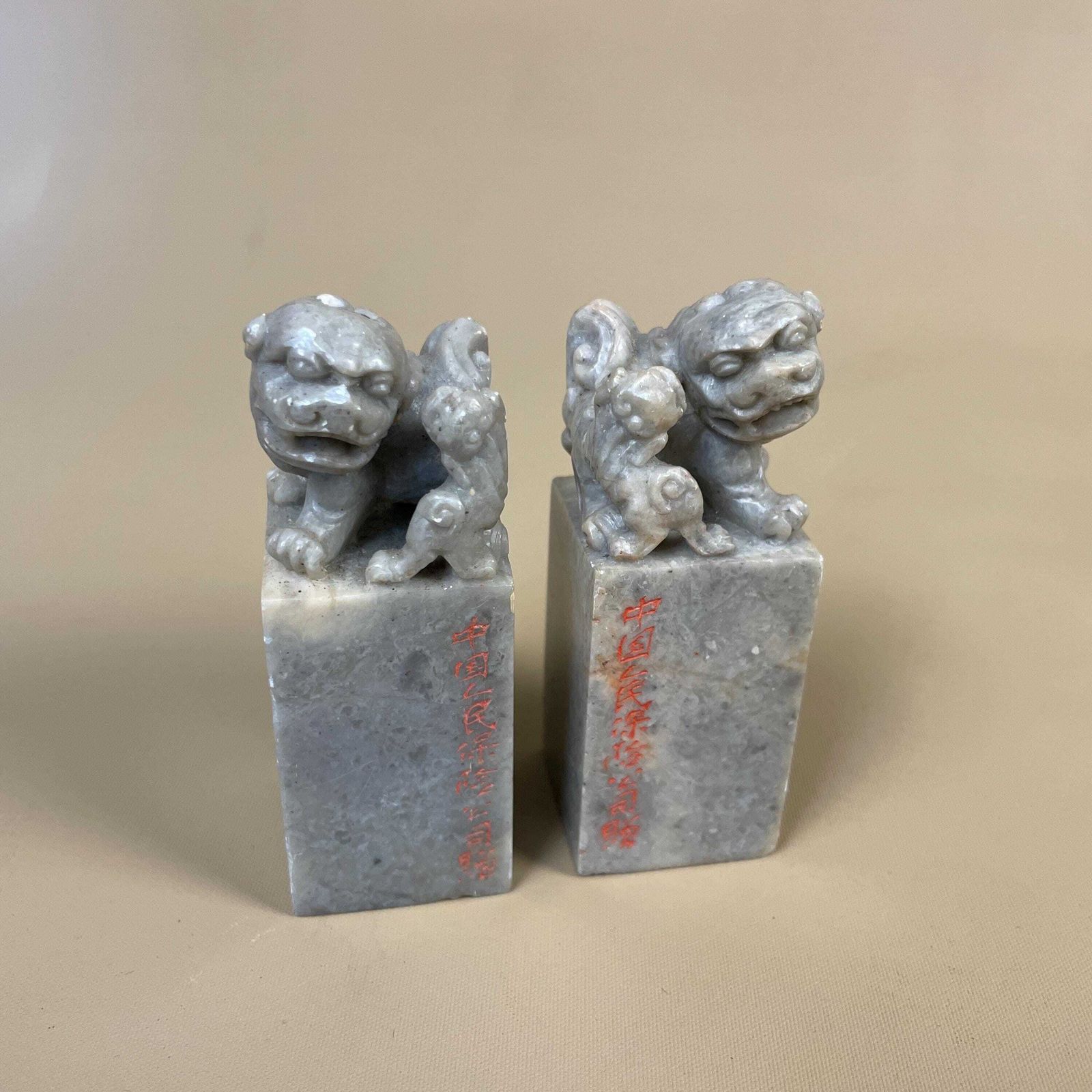 Pair Of Oriental Chinese Dragons Foo Dogs Ornaments Soapstone Mini Statues Grey Green