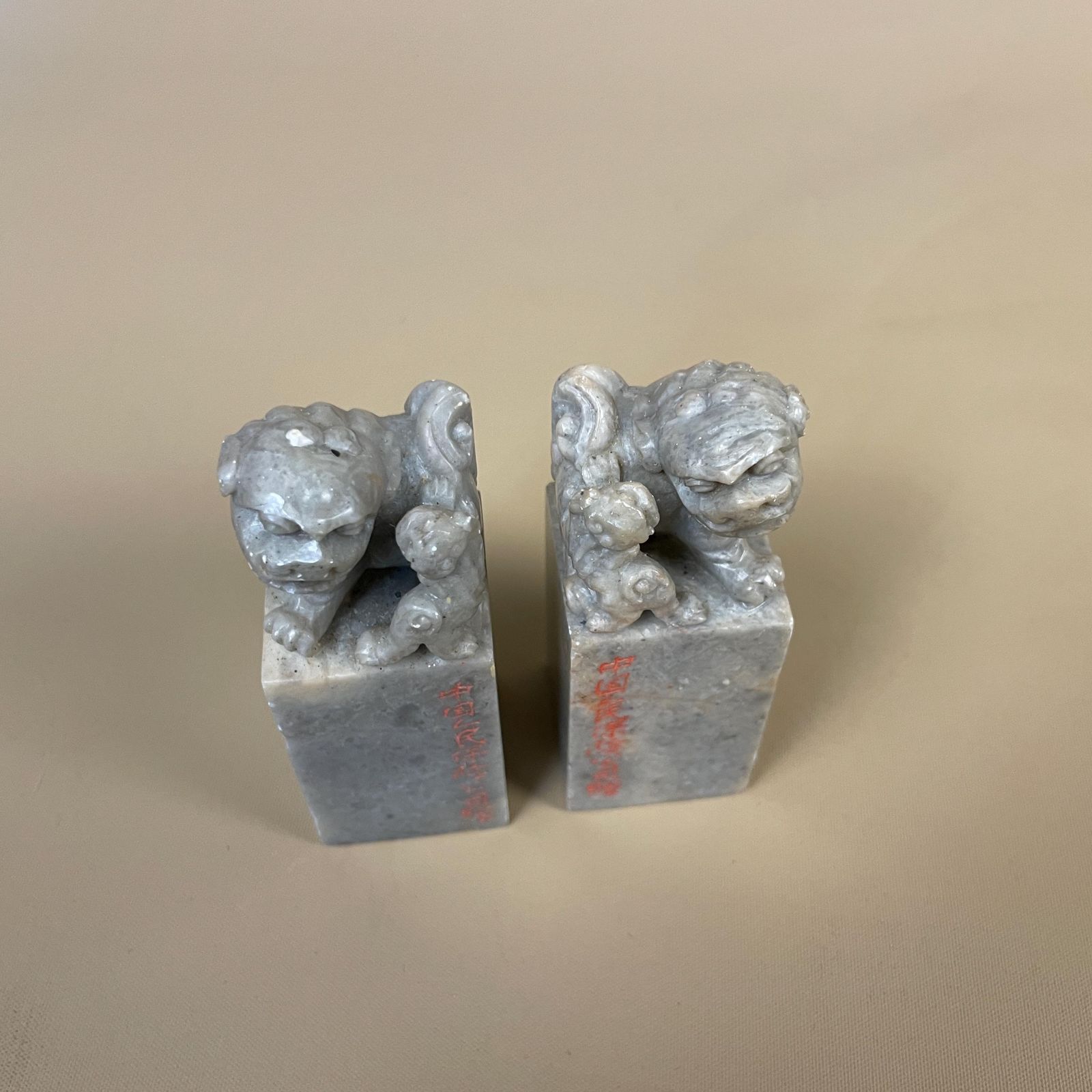 Pair Of Oriental Chinese Dragons Foo Dogs Ornaments Soapstone Mini Statues Grey Green photo for sale