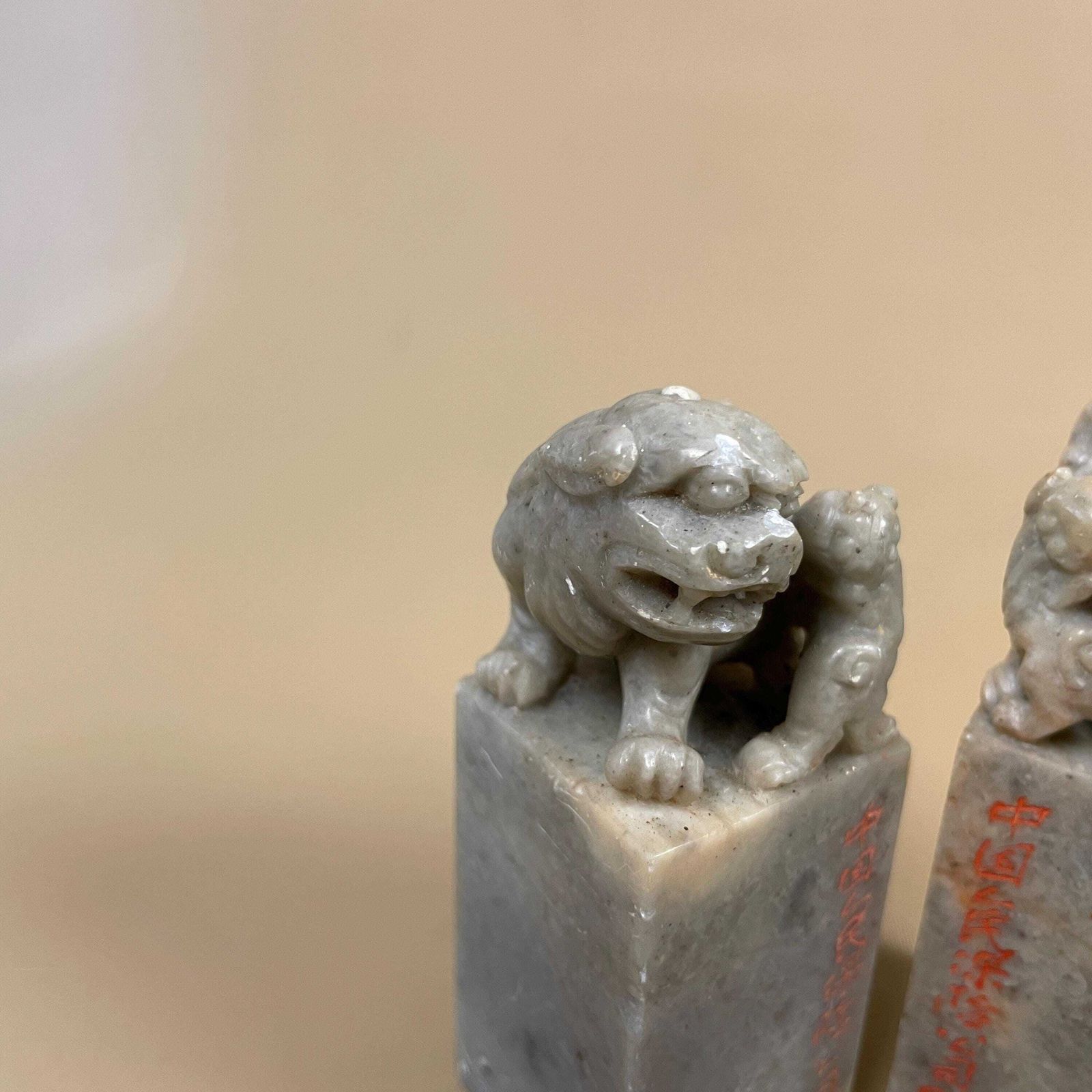 Pair Of Oriental Chinese Dragons Foo Dogs Ornaments Soapstone Mini Statues Grey Green photo 55.0