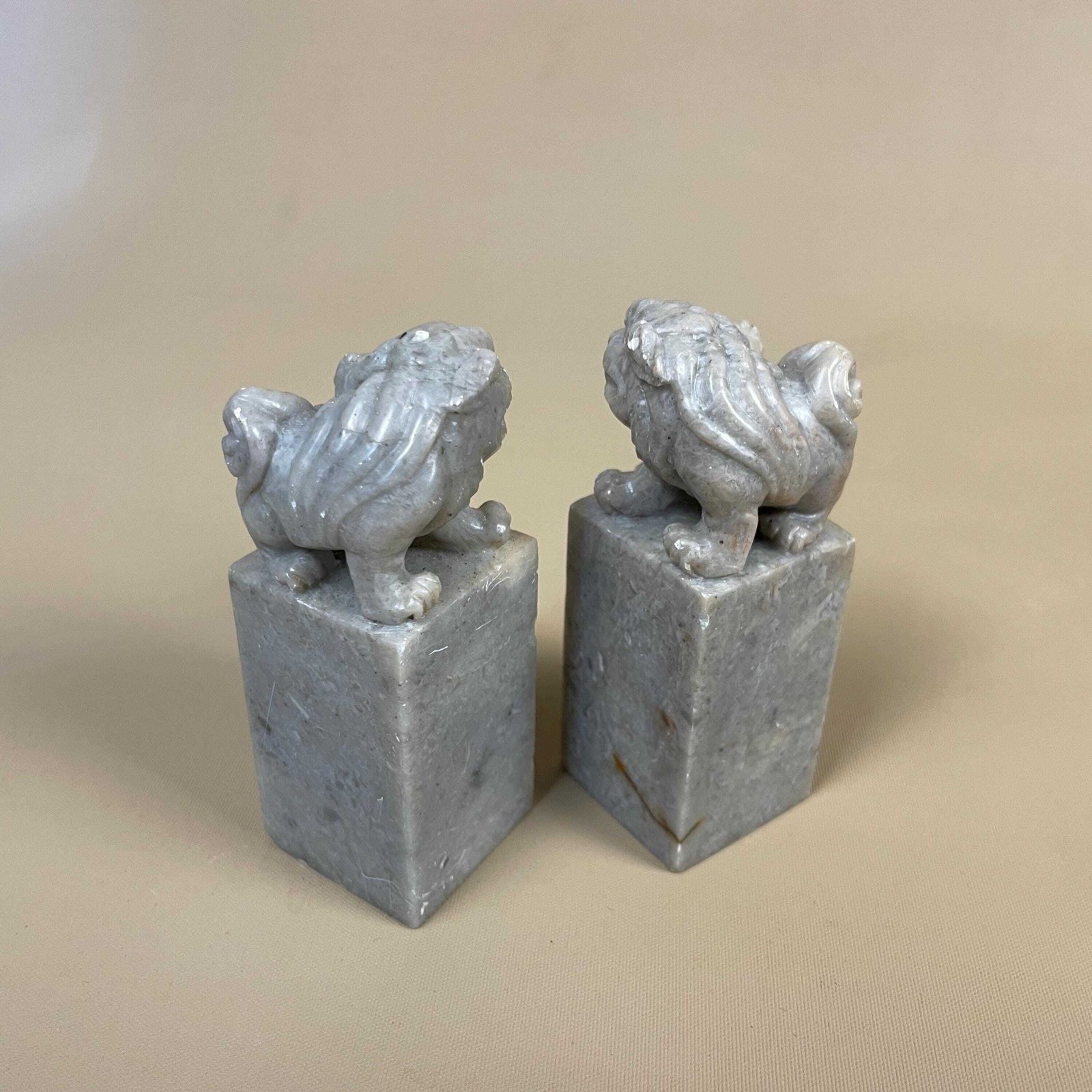 Pair Of Oriental Chinese Dragons Foo Dogs Ornaments Soapstone Mini Statues Grey Green photo vinterior